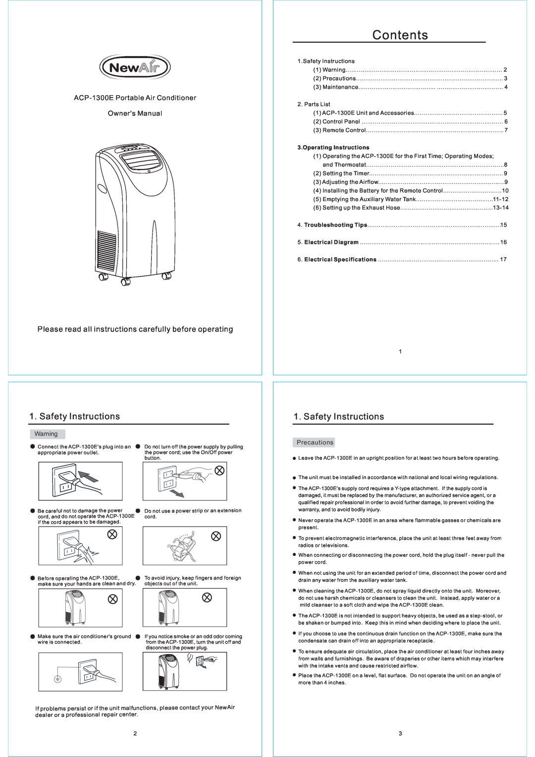 NewAir owner manual Safety Instructions, ACP-1300EPortable Air Conditioner, Operating Instructions 