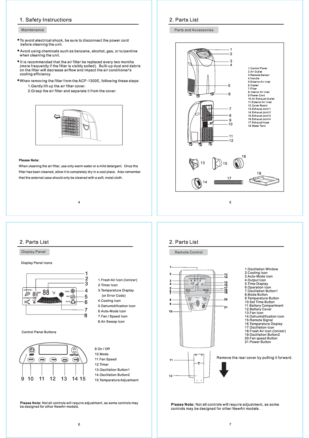 NewAir ACP-1300E owner manual Safety Instructions, Parts List, 9 10 11 