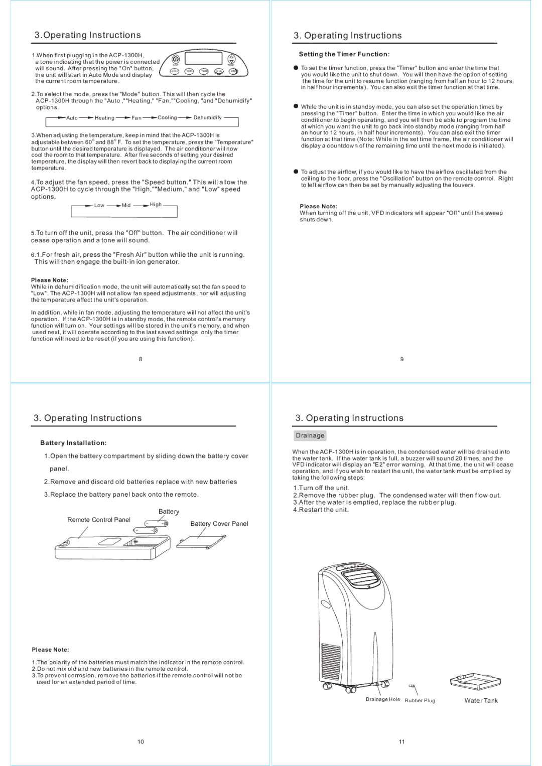 NewAir ACP-1300H owner manual Operating Instructions, Battery Installation, Setting the Timer Function 