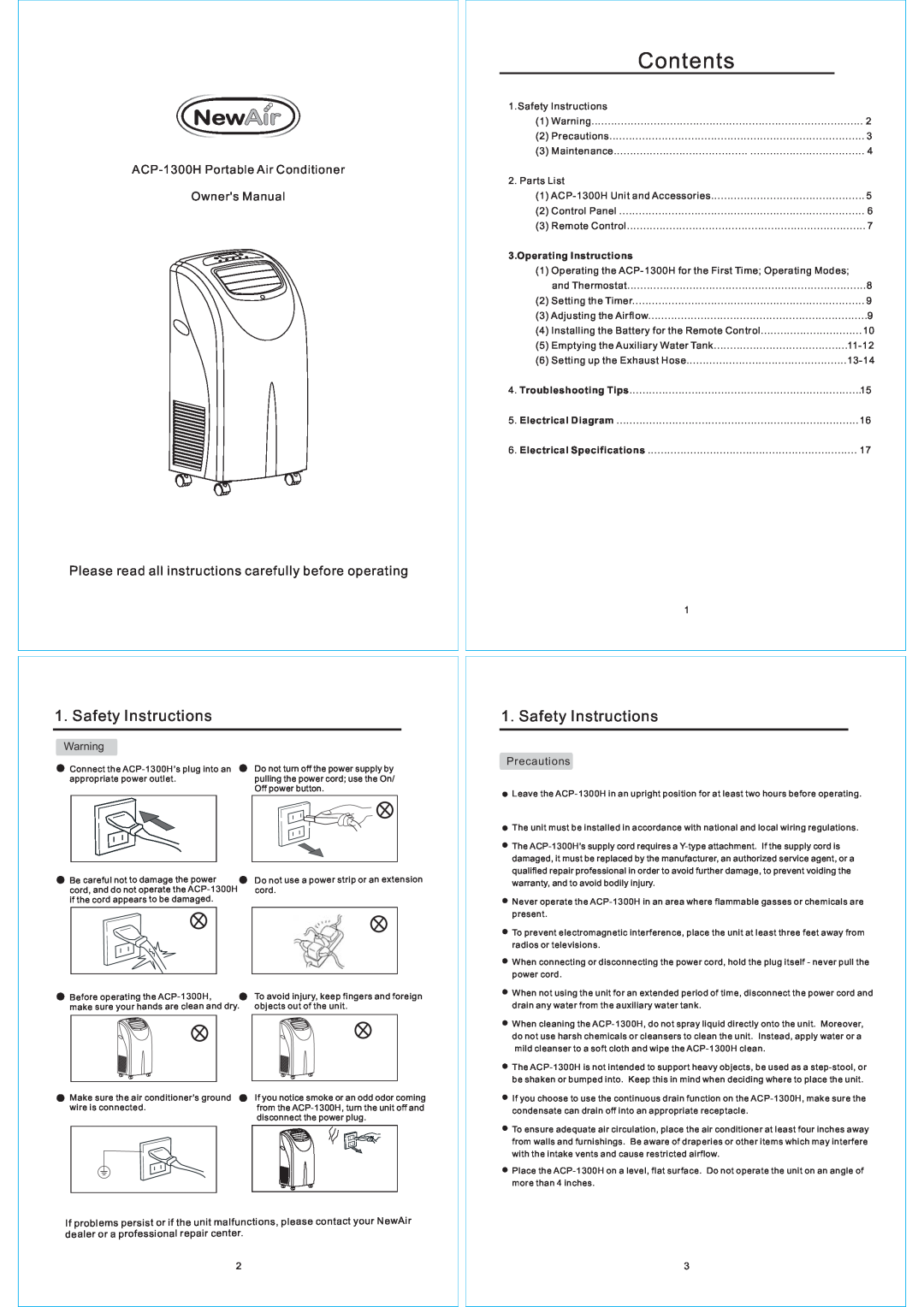 NewAir owner manual Safety Instructions, ACP-1300HPortable Air Conditioner, Operating Instructions 