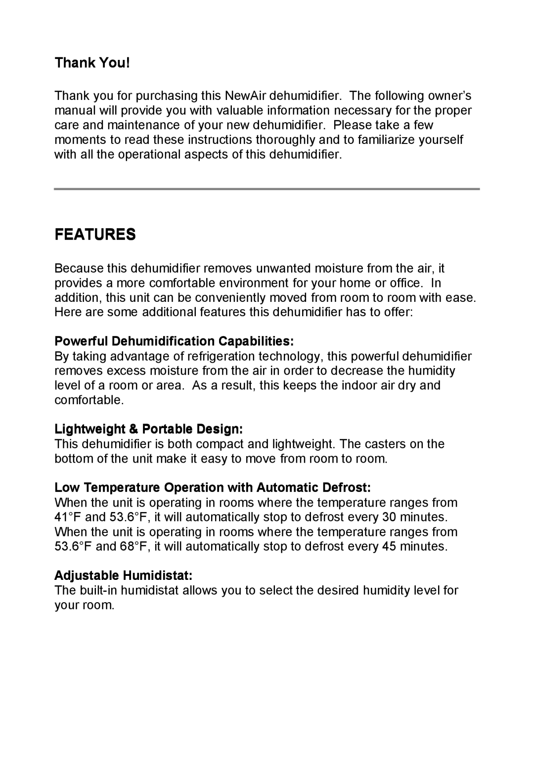 NewAir AD-400 manual Features, Powerful Dehumidification Capabilities, Lightweight & Portable Design, Adjustable Humidistat 