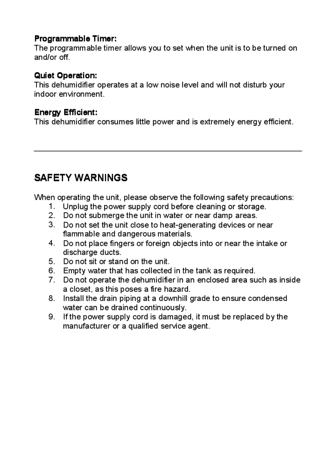 NewAir AD-400 manual Safety Warnings, Programmable Timer, Quiet Operation, Energy Efficient 