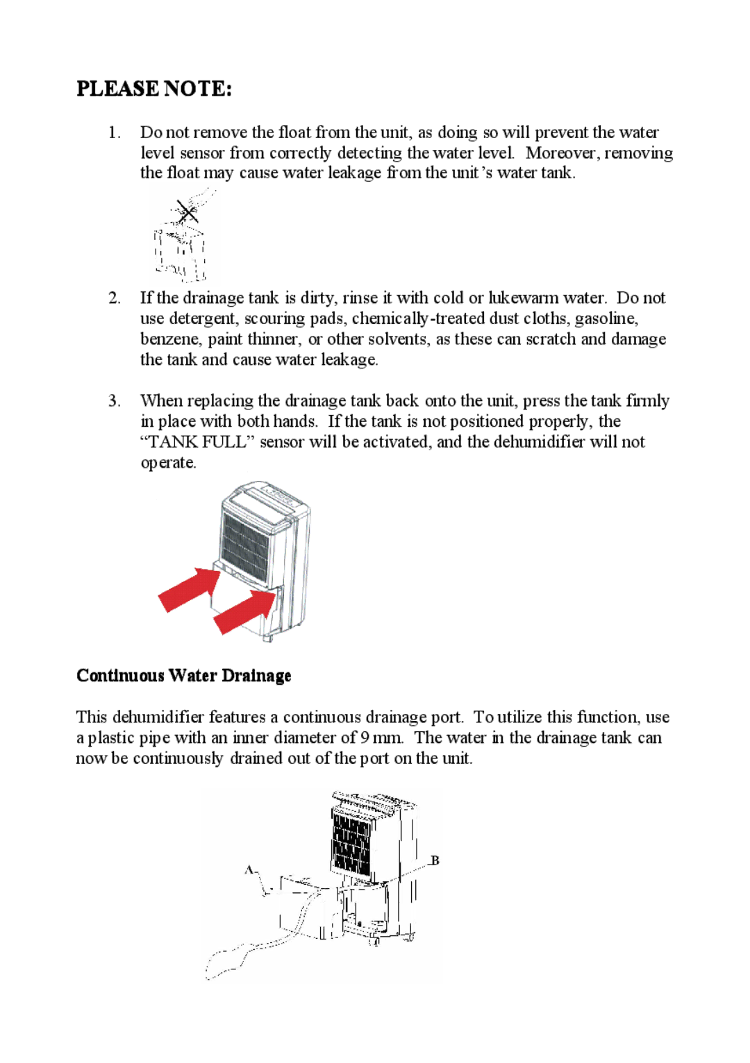 NewAir AD-400 manual Please Note, Continuous Water Drainage 