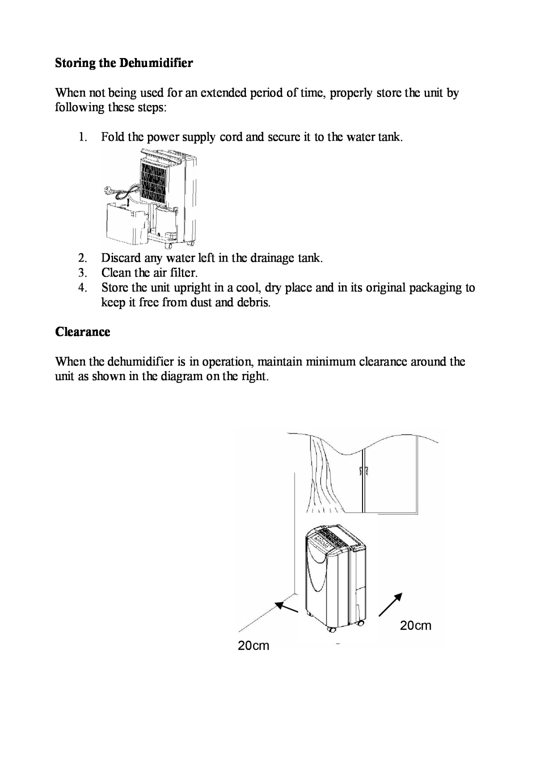 NewAir AD-400 manual Storing the Dehumidifier, Clearance, 20cm 20cm 