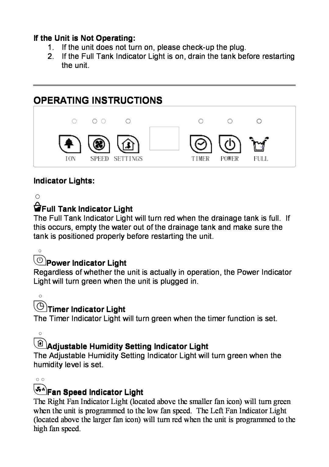 NewAir AD-400 manual Operating Instructions, If the Unit is Not Operating, Indicator Lights Full Tank Indicator Light 