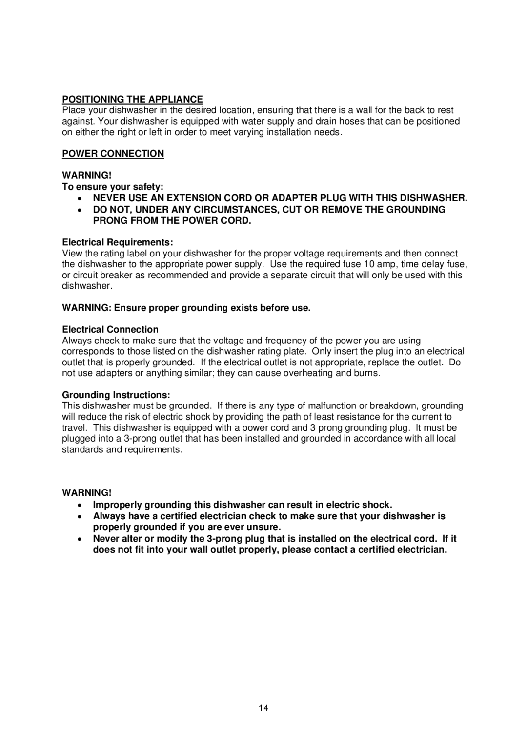 NewAir ADW-2600W instruction manual Positioning the Appliance, Power Connection 