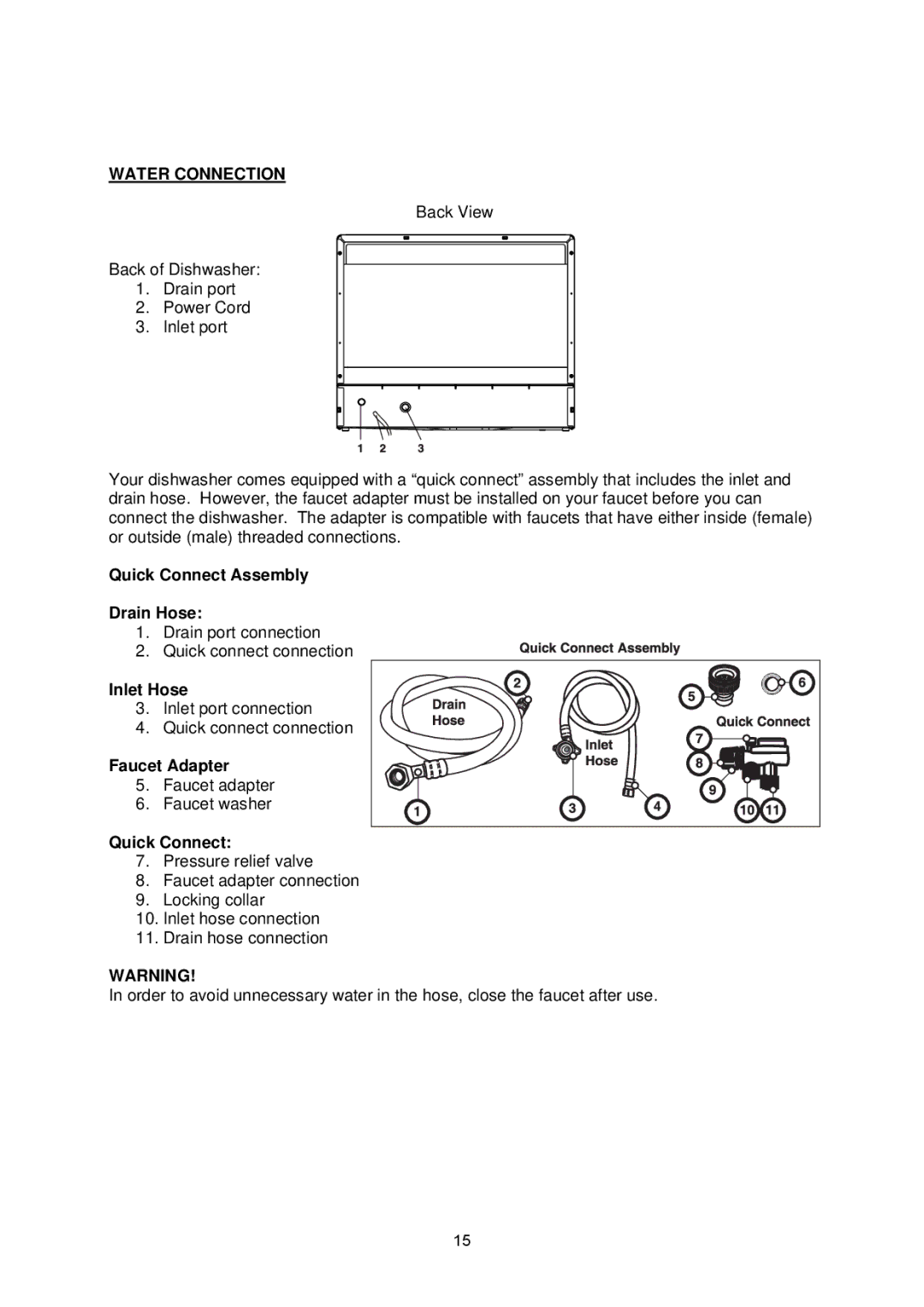 NewAir ADW-2600W instruction manual Water Connection, Quick Connect Assembly Drain Hose, Inlet Hose, Faucet Adapter 