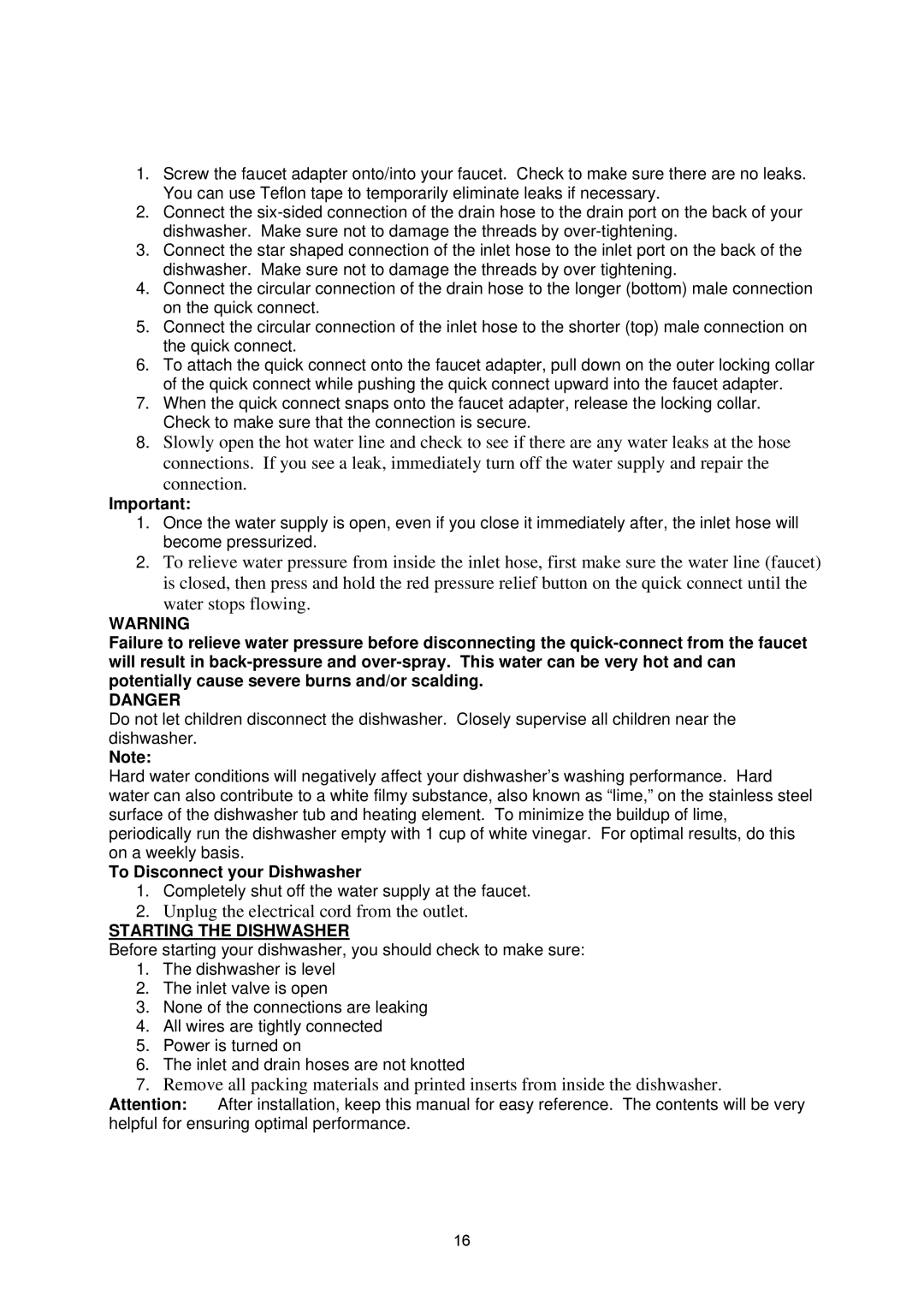 NewAir ADW-2600W instruction manual To Disconnect your Dishwasher, Starting the Dishwasher 