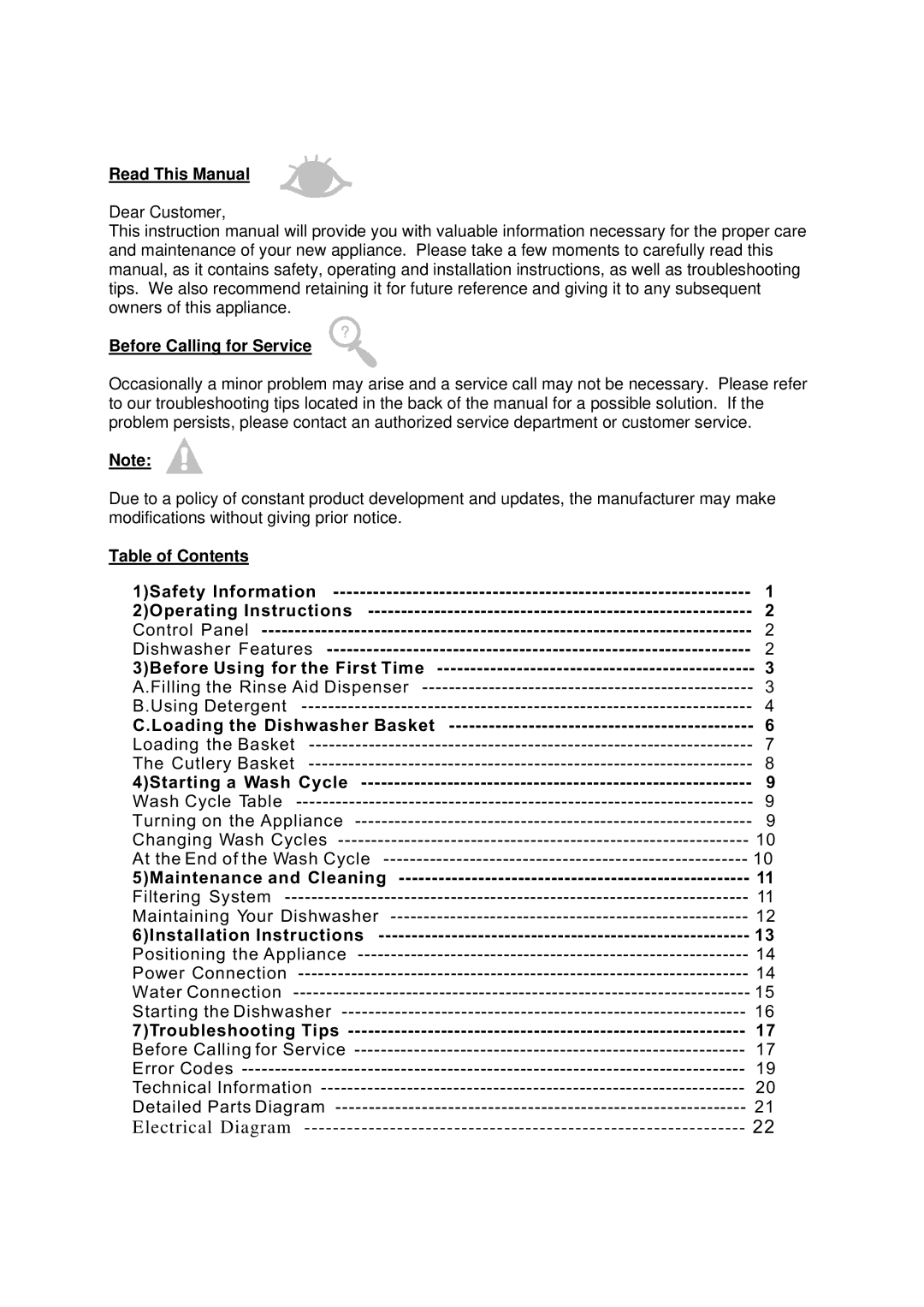 NewAir ADW-2600W instruction manual Read This Manual, Before Calling for Service, Table of Contents 