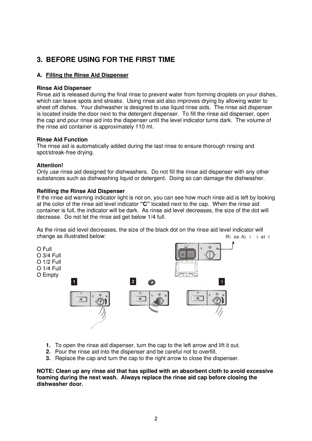 NewAir ADW-2600W instruction manual Before Using for the First Time, Filling the Rinse Aid Dispenser, Rinse Aid Function 