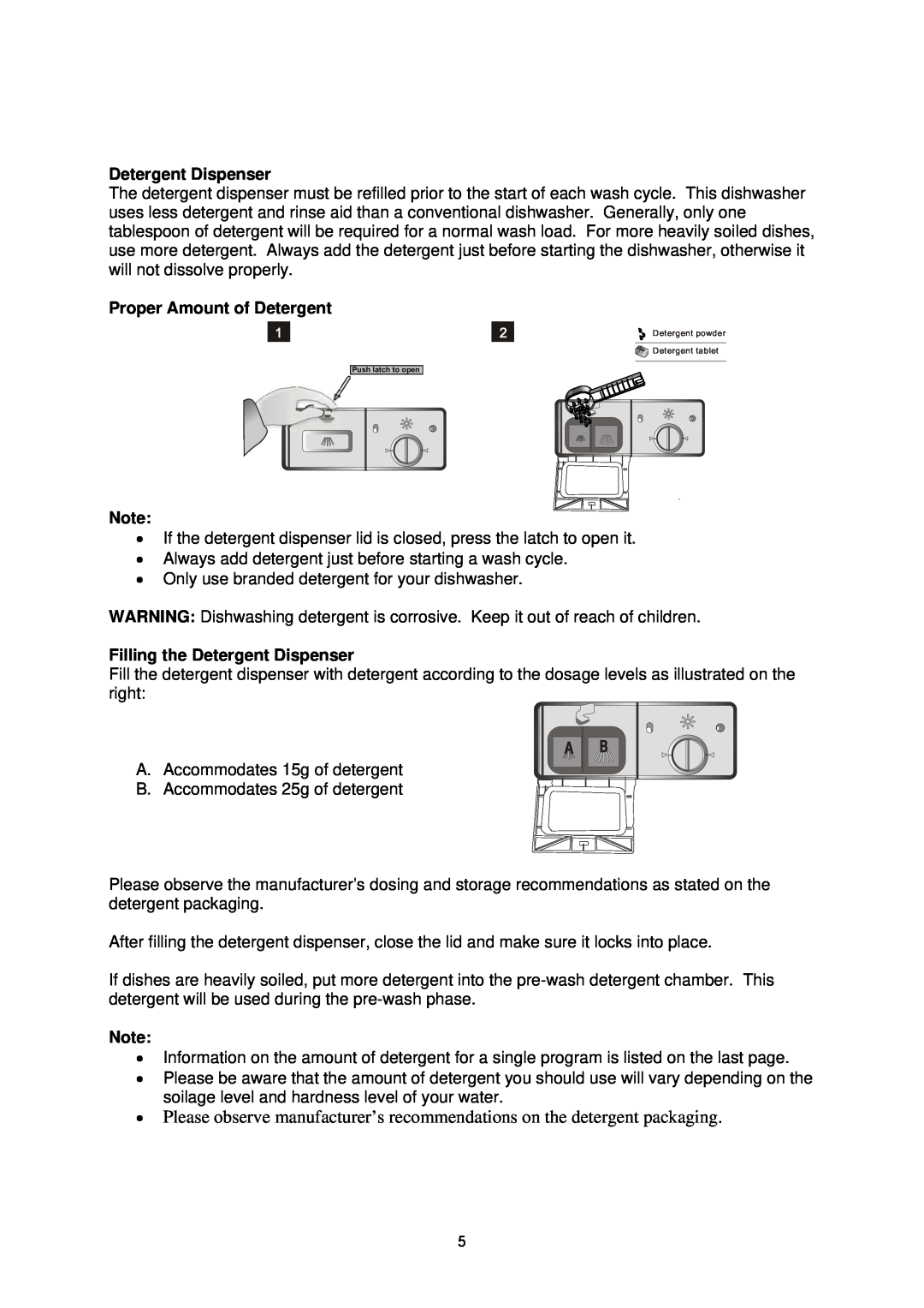 NewAir ADW-2600W instruction manual Proper Amount of Detergent, Filling the Detergent Dispenser 