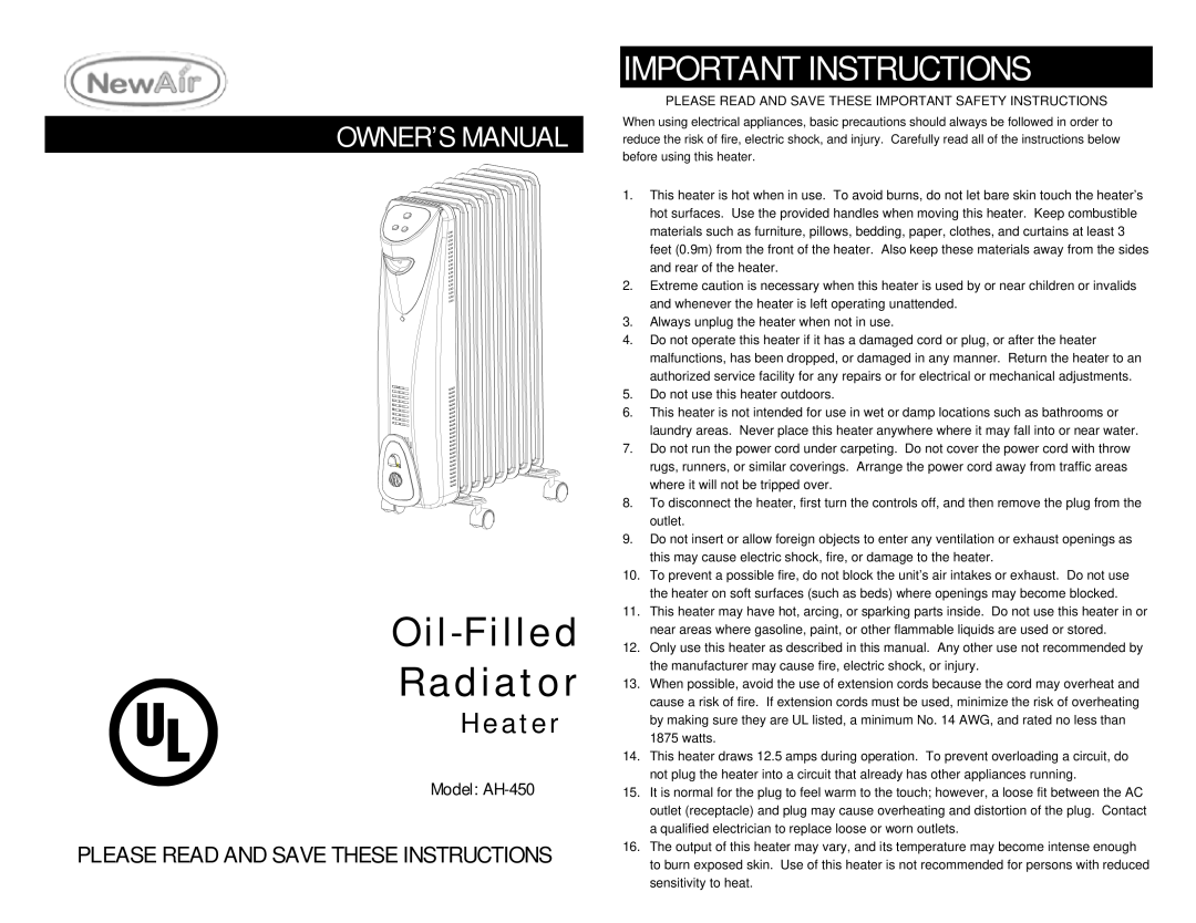 NewAir AH-450 owner manual Oil-Filled Radiator, Important Instructions, Heater, Please Read And Save These Instructions 