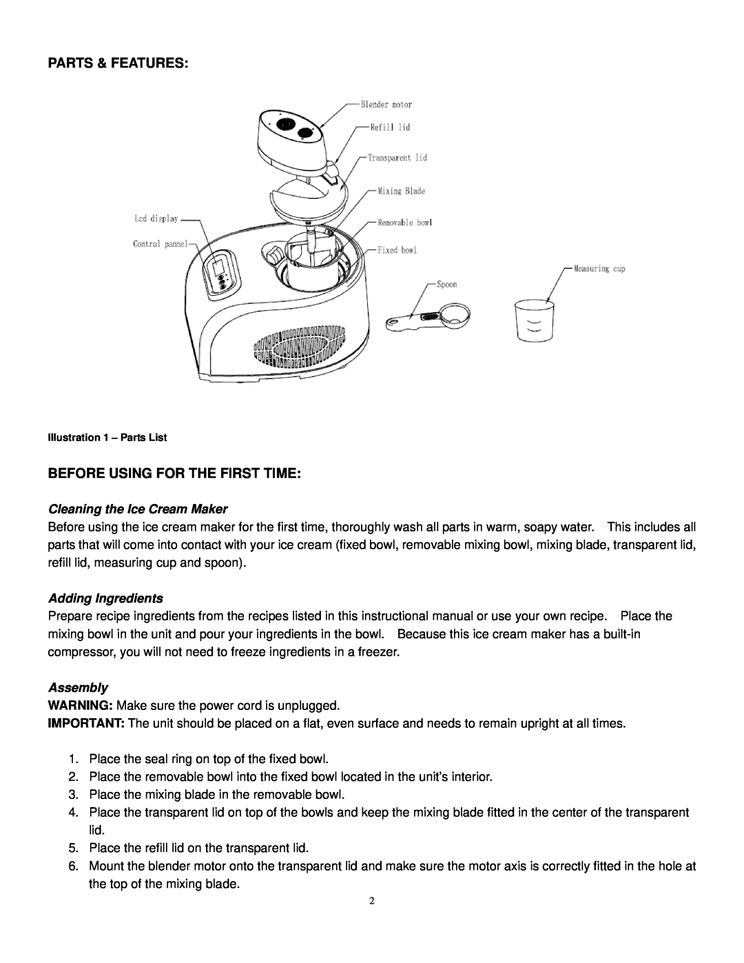 NewAir AIC-220 instruction manual Cleaning the Ice Cream Maker, Adding Ingredients, Assembly 