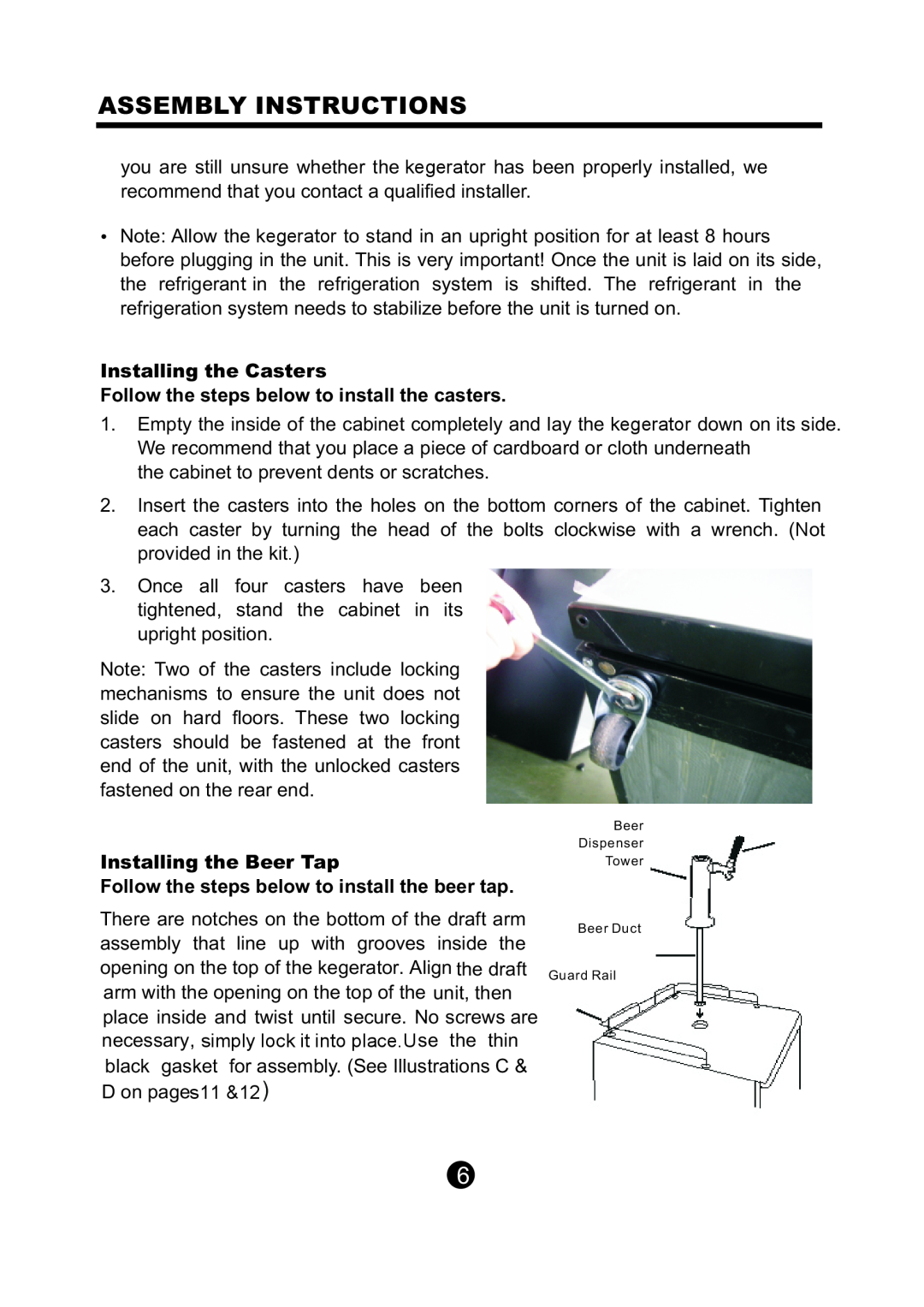 NewAir AK-200 owner manual Installing the Casters, Follow the steps below to install the casters, Installing the Beer Tap 