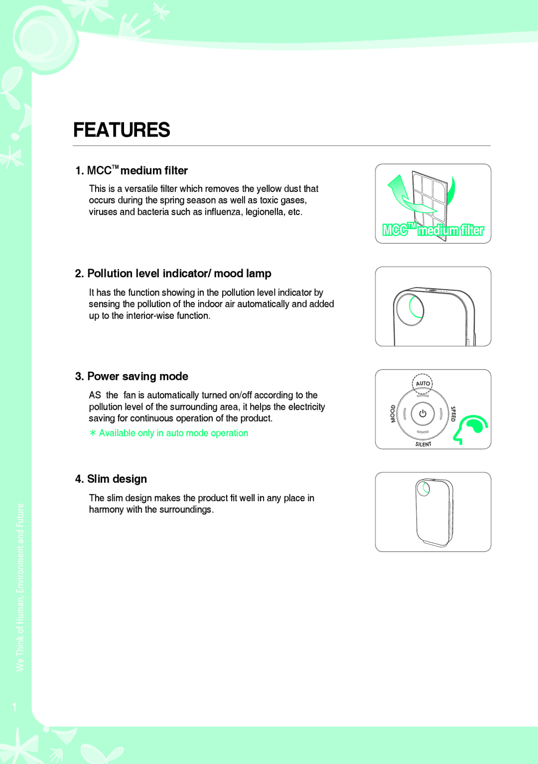 NewAir AP-1008DH Features, Mcctm medium filter, Pollution level indicator/ mood lamp, Power saving mode, Slim design 