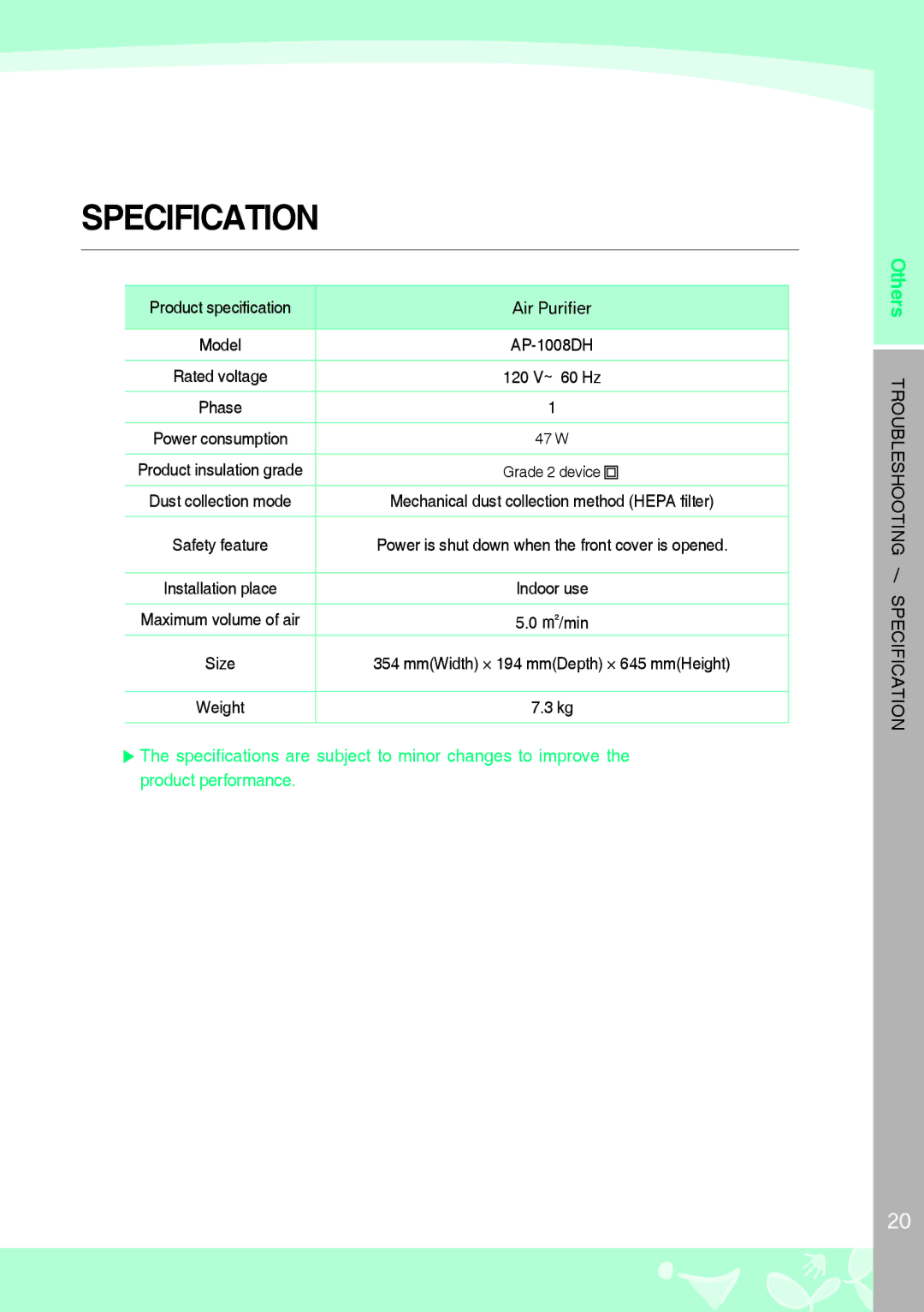 NewAir AP-1008DH warranty Specification, Product specification Air Purifier 