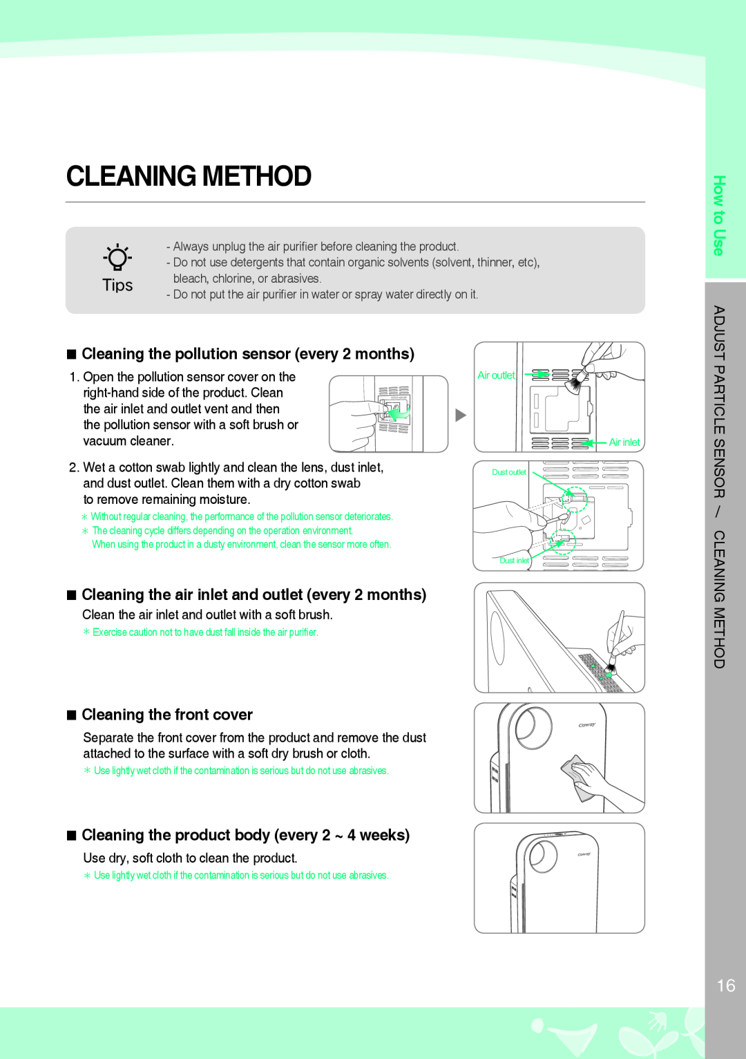 NewAir AP-1008DH warranty Cleaning the air inlet and outlet every 2 months, Cleaning the front cover, Tips 