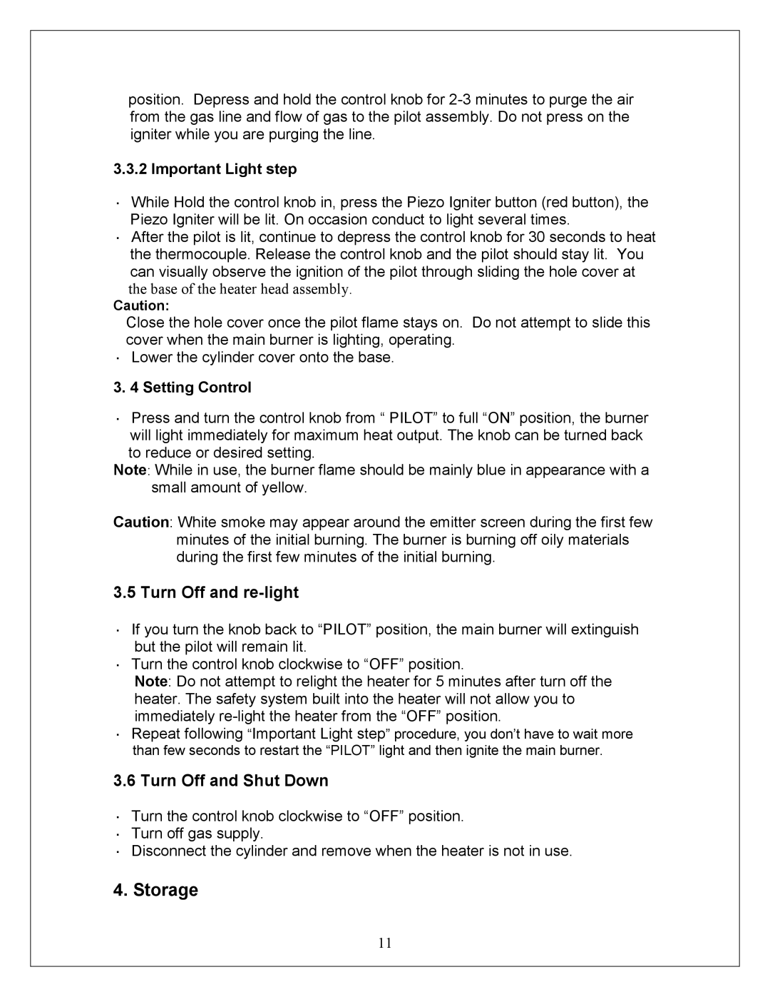 NewAir APH-4000PV owner manual Storage, Turn Off and re-light, Turn Off and Shut Down 