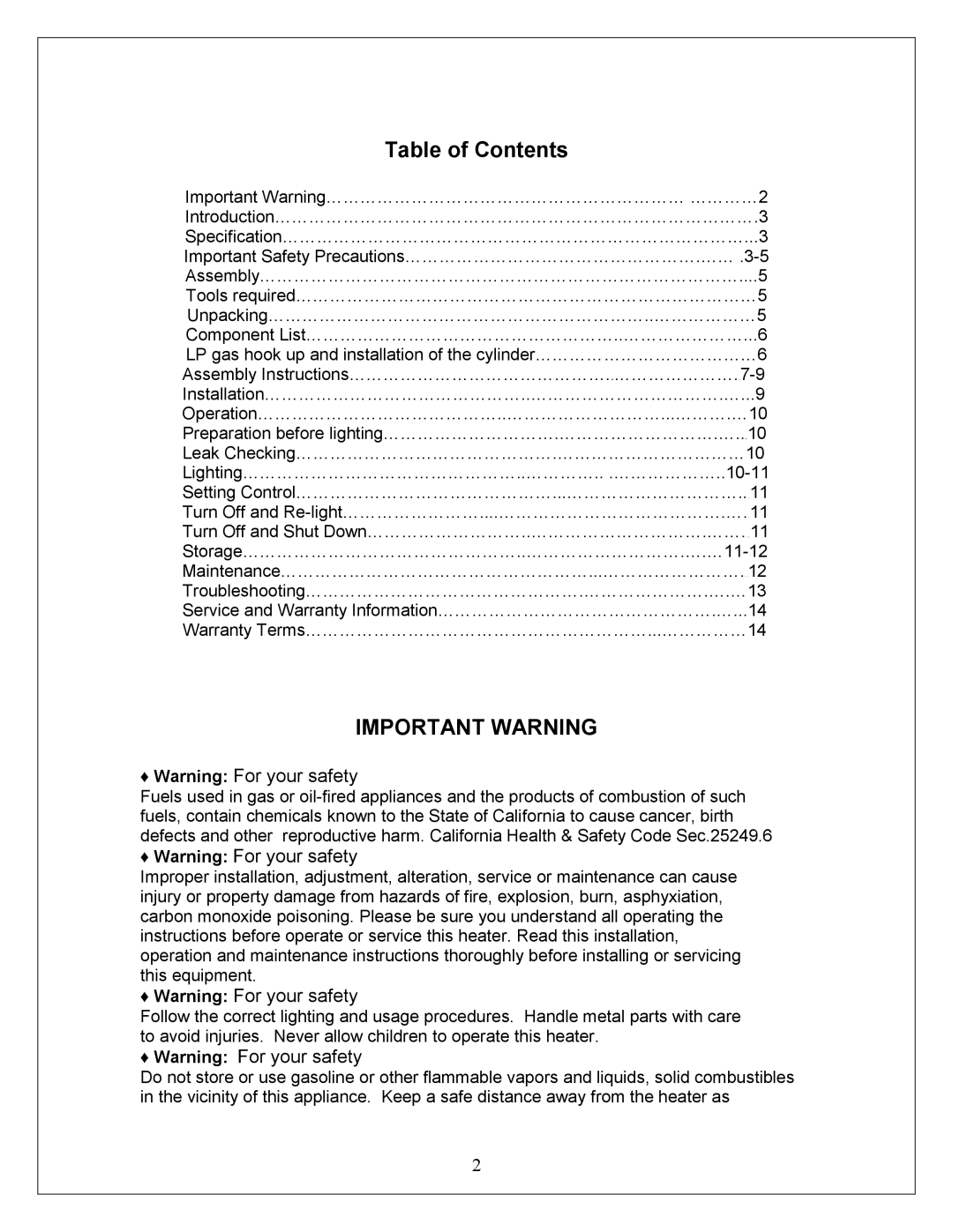 NewAir APH-4000PV owner manual Table of Contents, Important Warning 