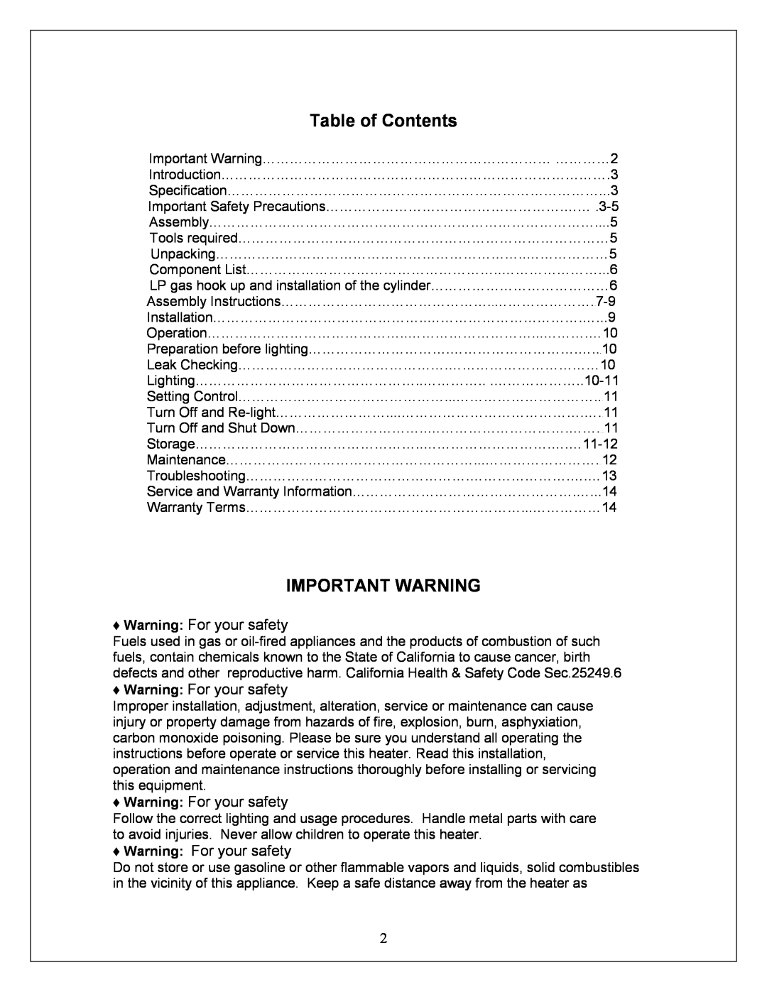 NewAir APH-4000PV owner manual Table of Contents, Important Warning, Warning For your safety 