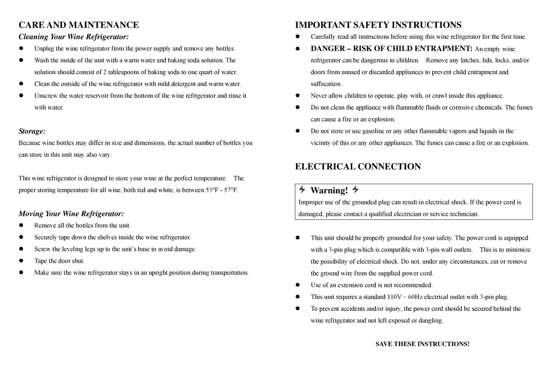 NewAir AW-121E owner manual Care and Maintenance, Important Safety Instructions, Electrical Connection 