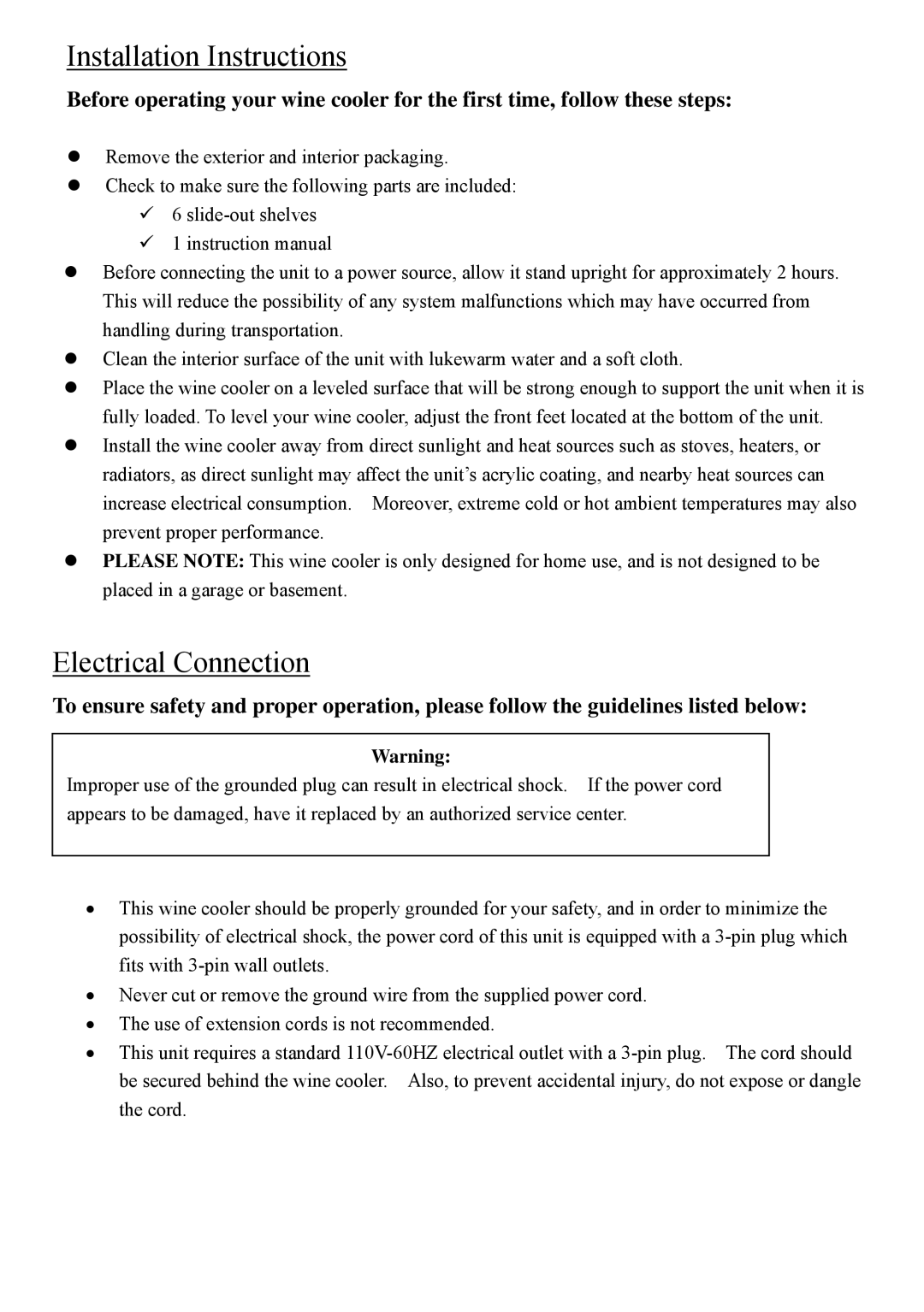 NewAir AW-180E instruction manual Installation Instructions, Electrical Connection 