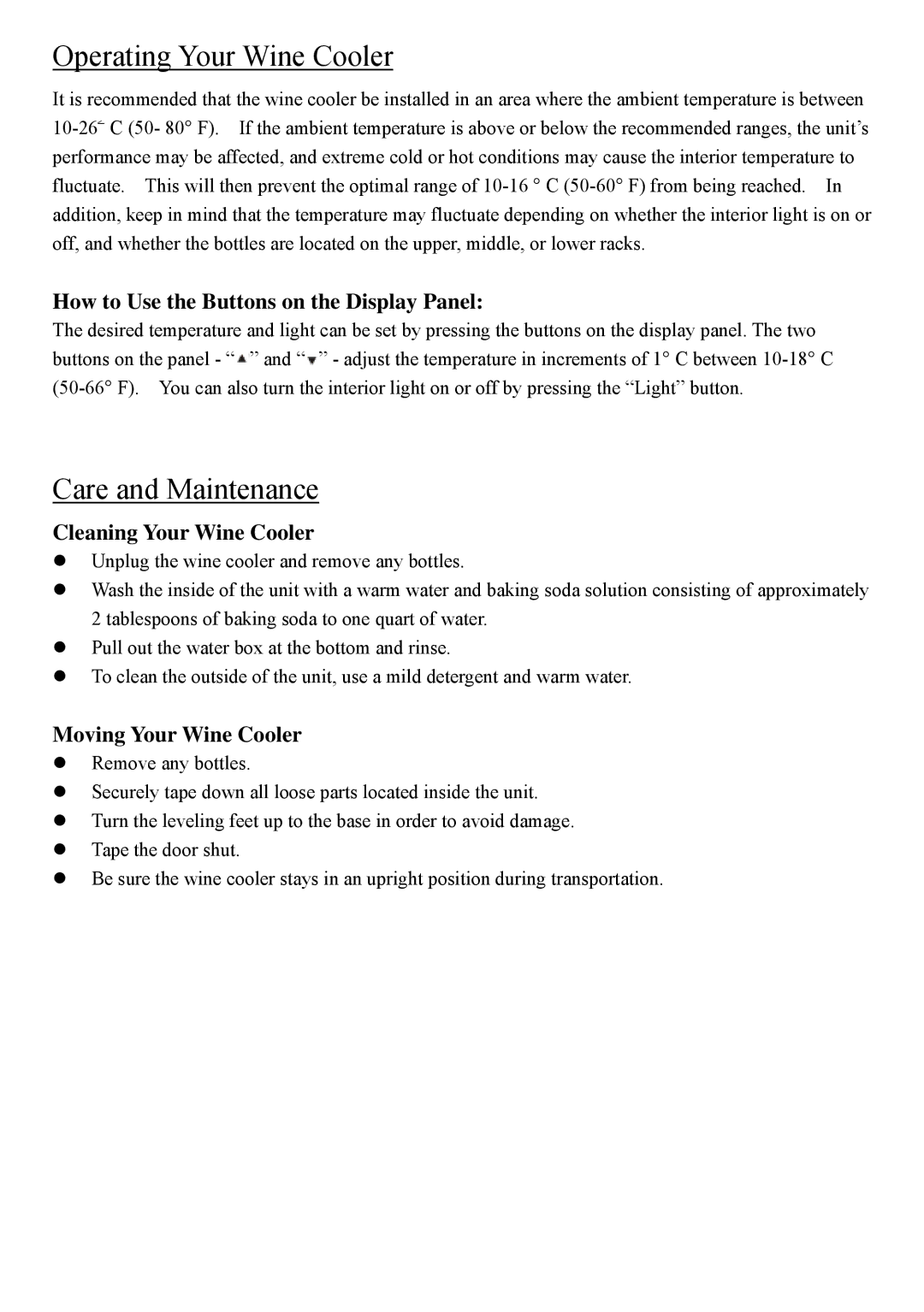 NewAir AW-180E instruction manual Operating Your Wine Cooler, Care and Maintenance 