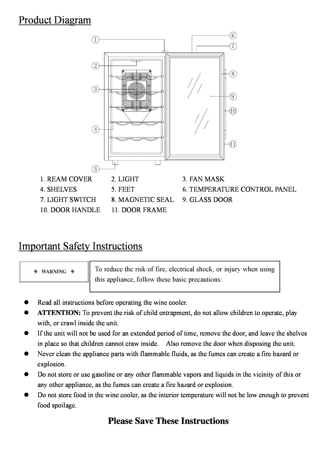 NewAir AW-180E instruction manual Product Diagram, Important Safety Instructions, Please Save These Instructions 