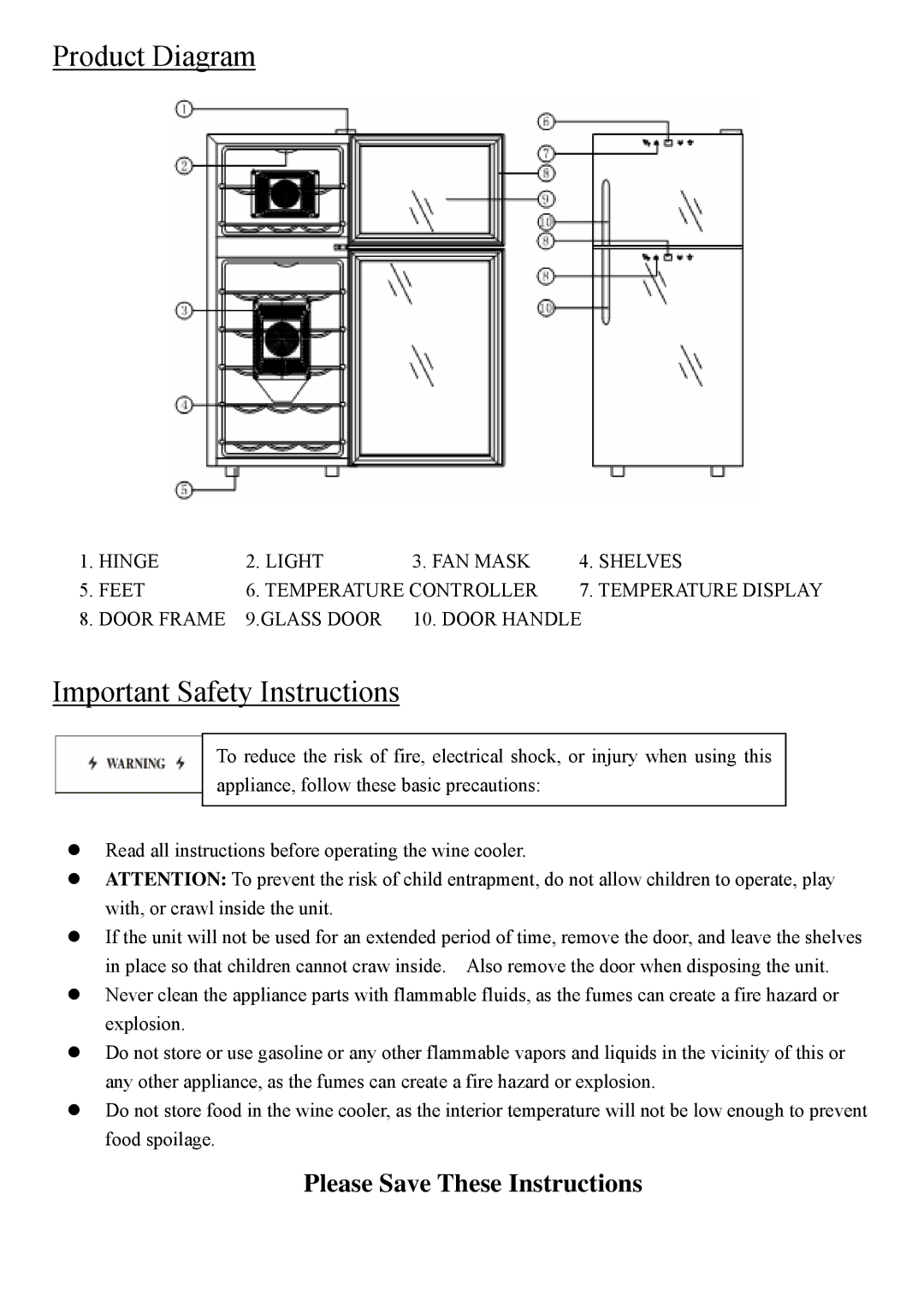 NewAir AW-210ED instruction manual Product Diagram, Important Safety Instructions 