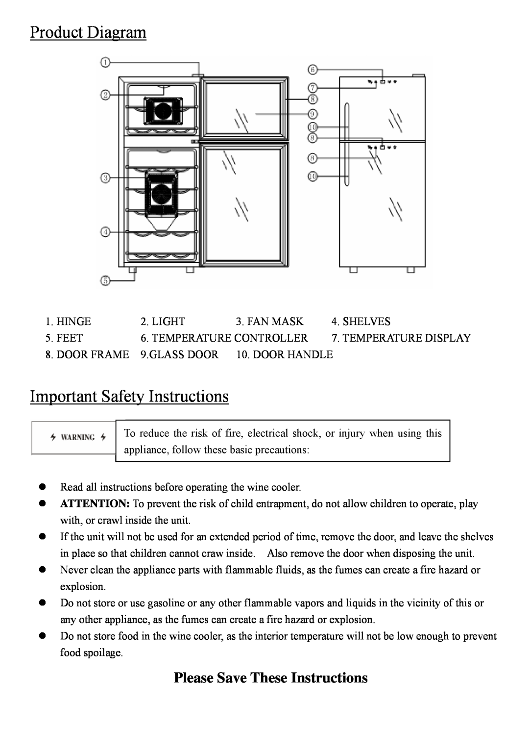 NewAir AW-210ED instruction manual Product Diagram, Important Safety Instructions, Please Save These Instructions 