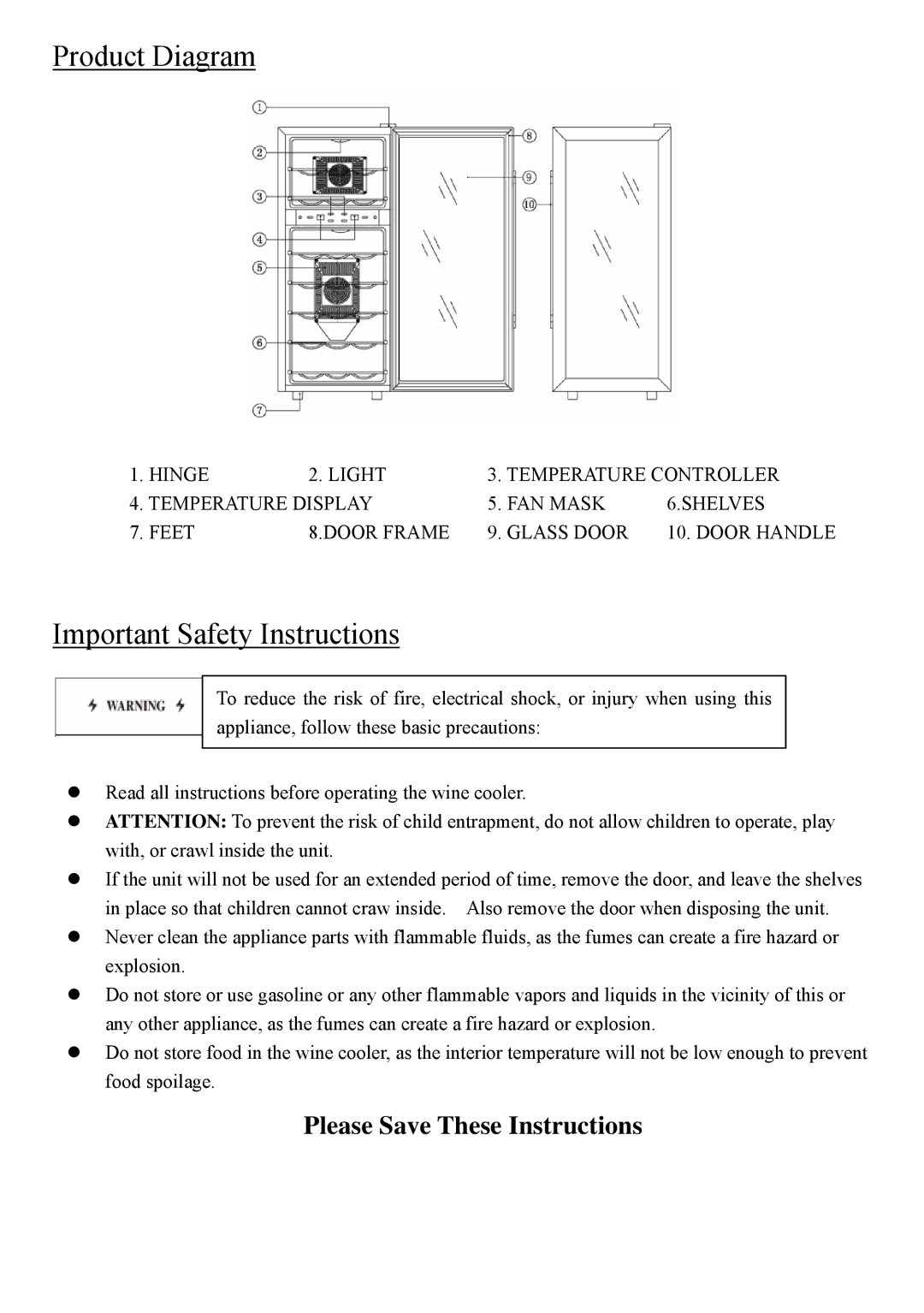 NewAir AW-211ED instruction manual Product Diagram, Important Safety Instructions 