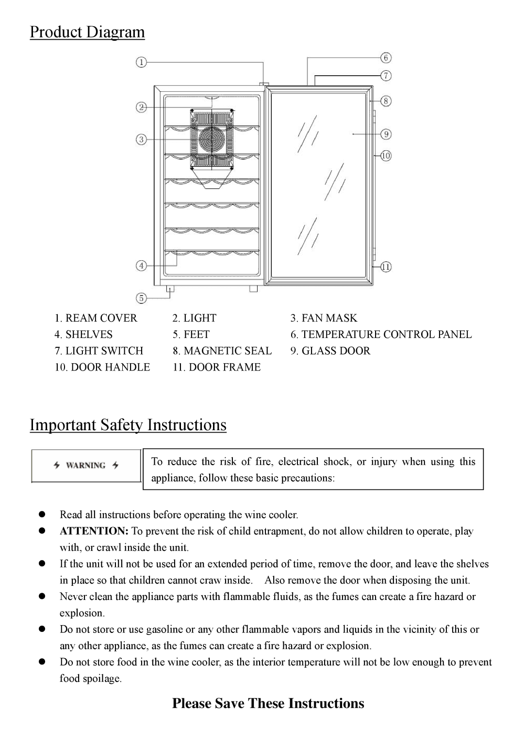 NewAir AW-280E instruction manual Product Diagram, Important Safety Instructions 