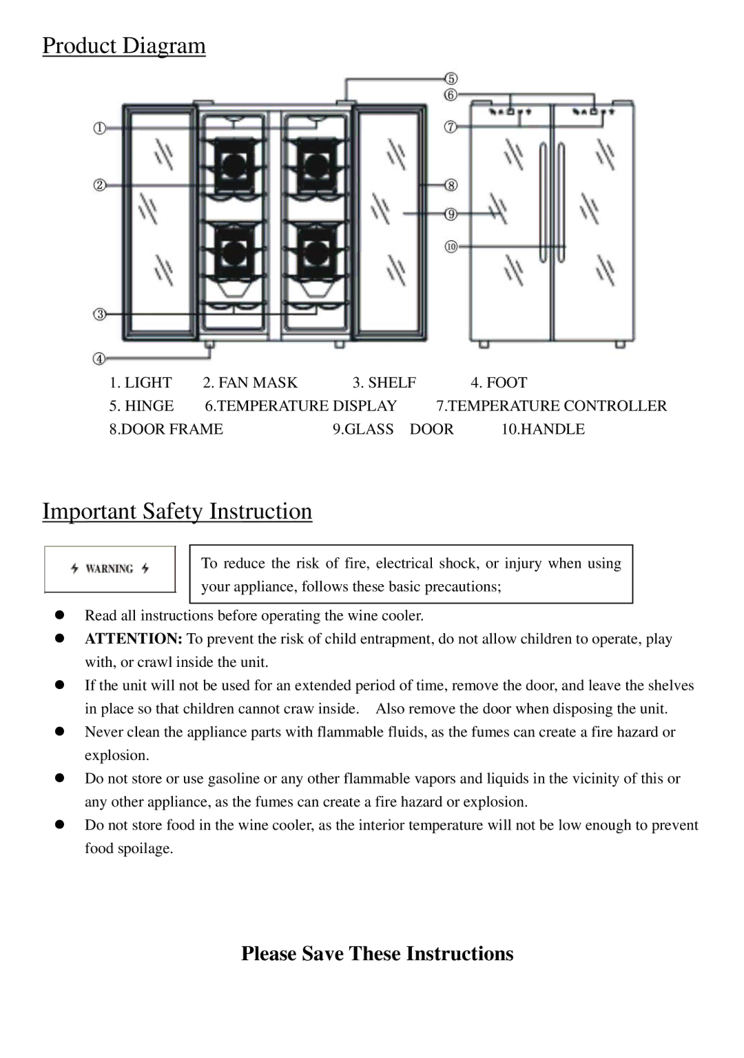 NewAir AW-320ED instruction manual Product Diagram, Important Safety Instruction 