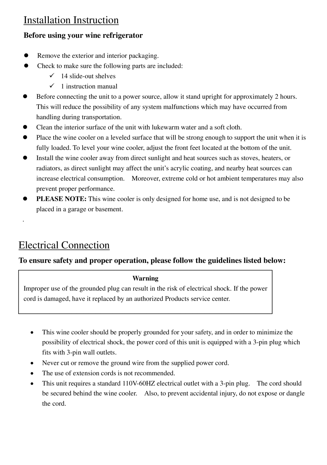 NewAir AW-320ED instruction manual Installation Instruction, Electrical Connection, Before using your wine refrigerator 