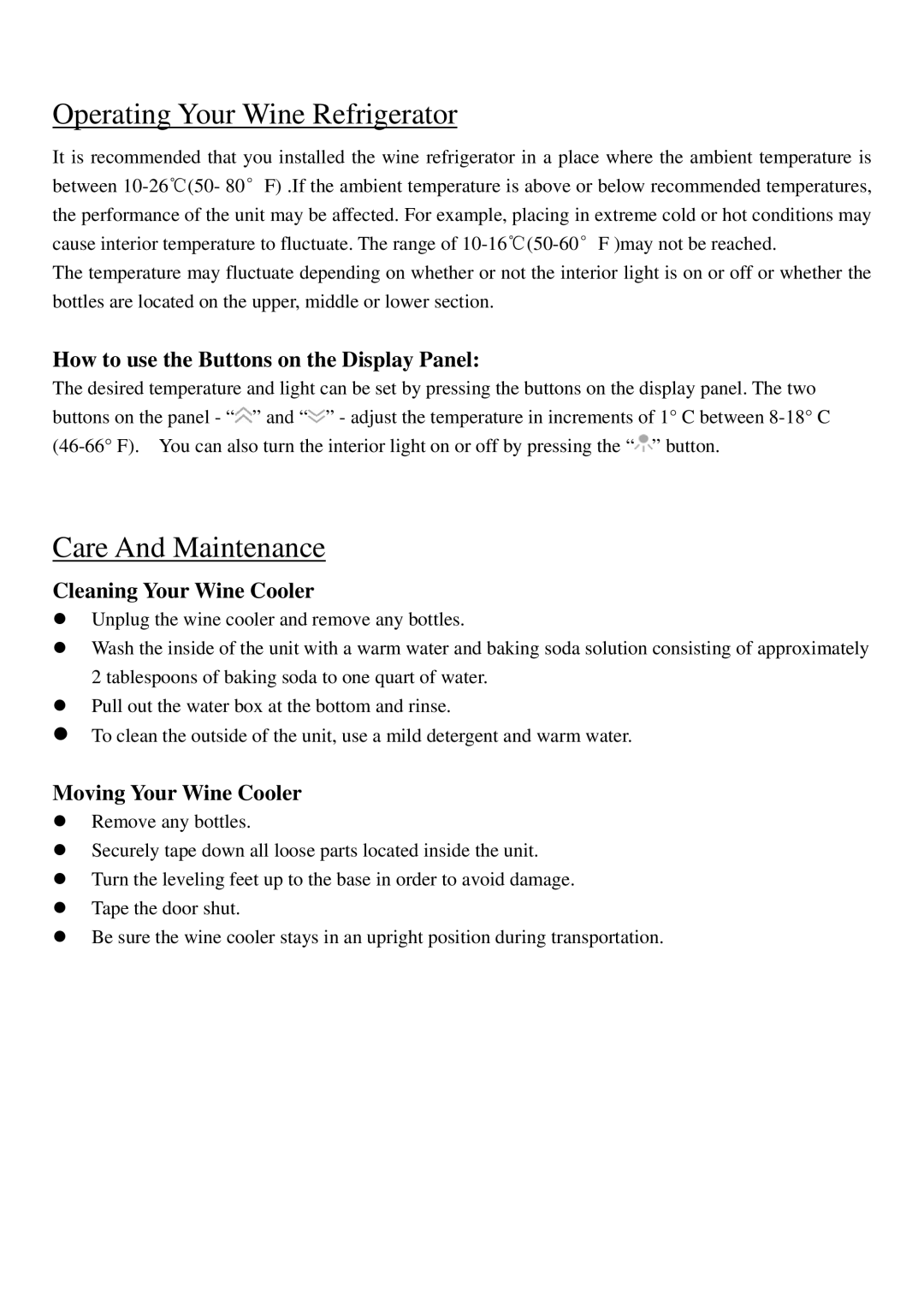 NewAir AW-320ED Operating Your Wine Refrigerator, Care And Maintenance, How to use the Buttons on the Display Panel 