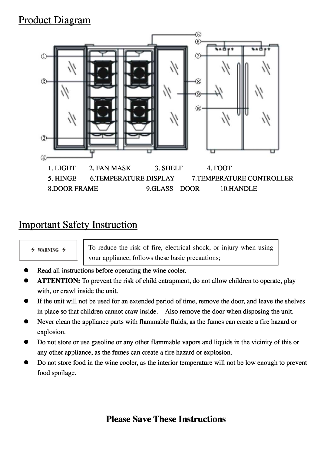 NewAir AW-320ED instruction manual Product Diagram, Important Safety Instruction, Please Save These Instructions 