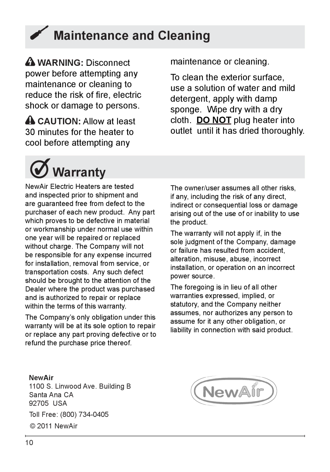 NewAir G70 owner manual Maintenance and Cleaning, Warranty 