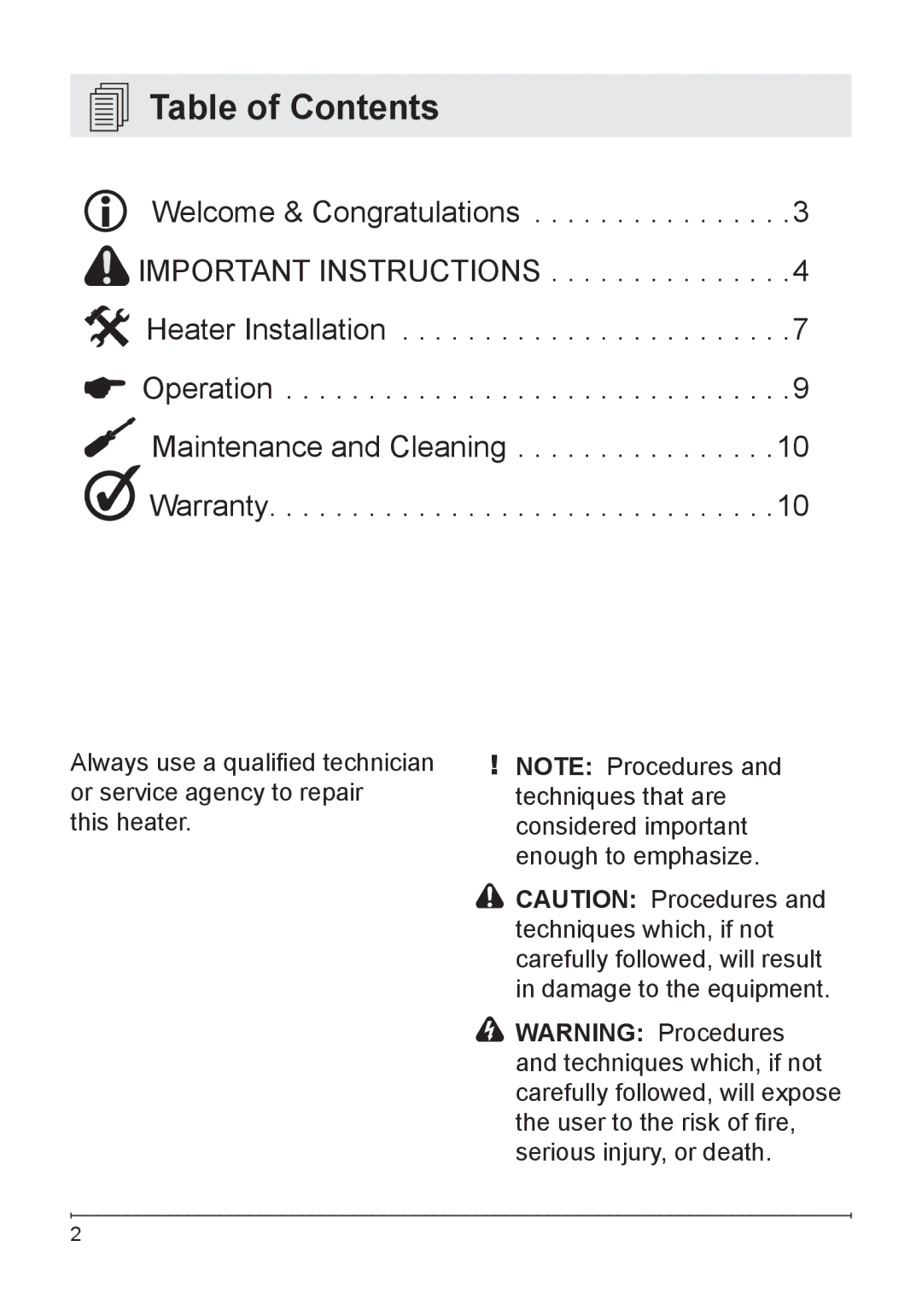 NewAir G70 owner manual Table of Contents 