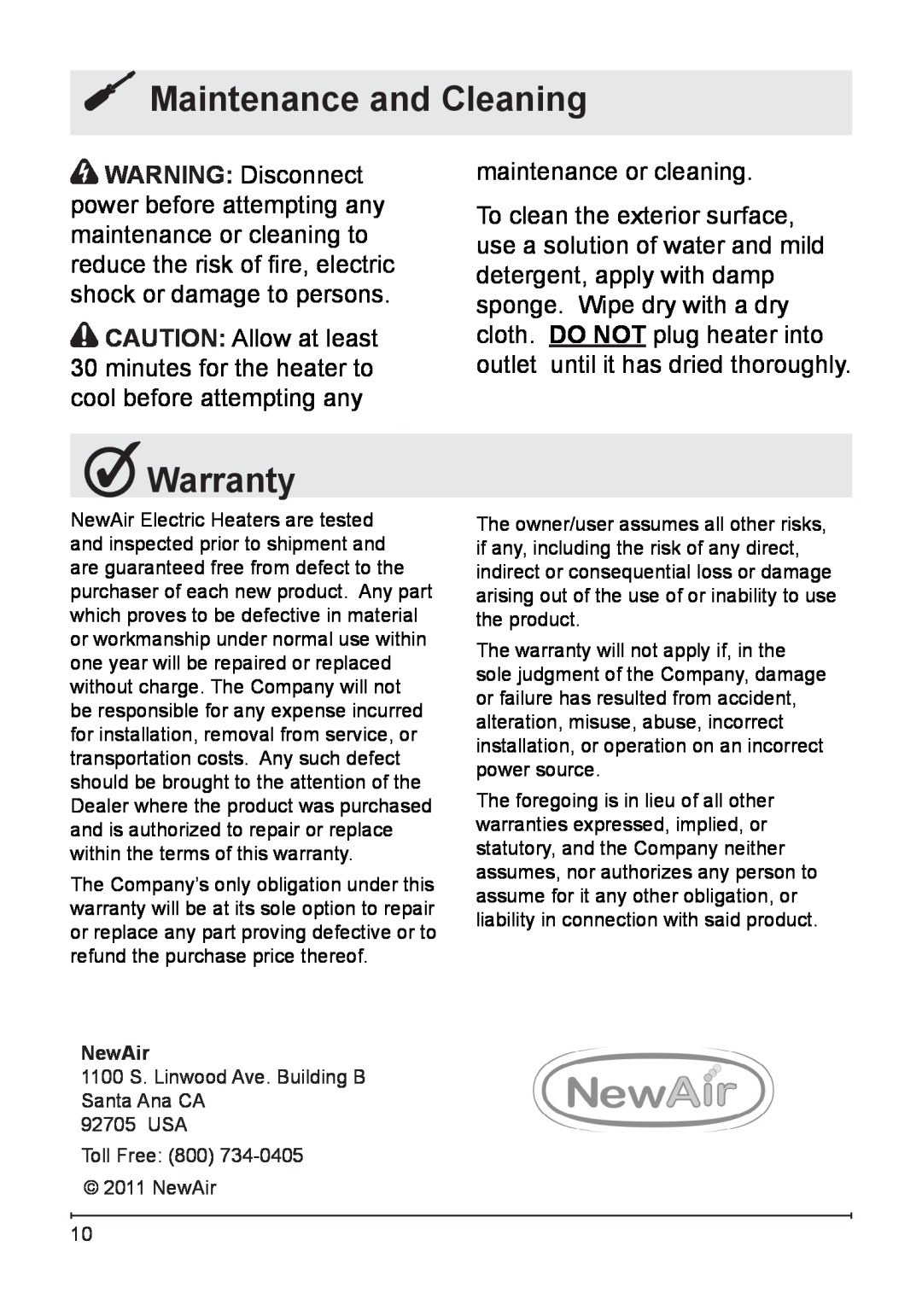 NewAir G70 owner manual Maintenance and Cleaning, Warranty 