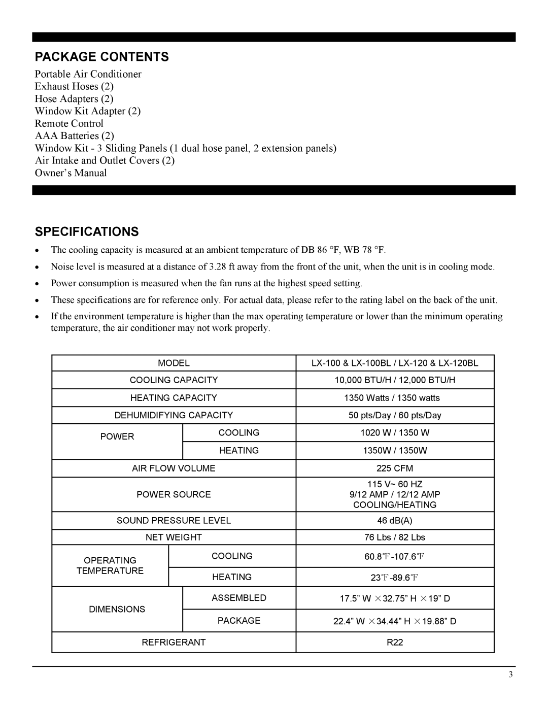 NewAir LX-100 manual Package Contents, Specifications 