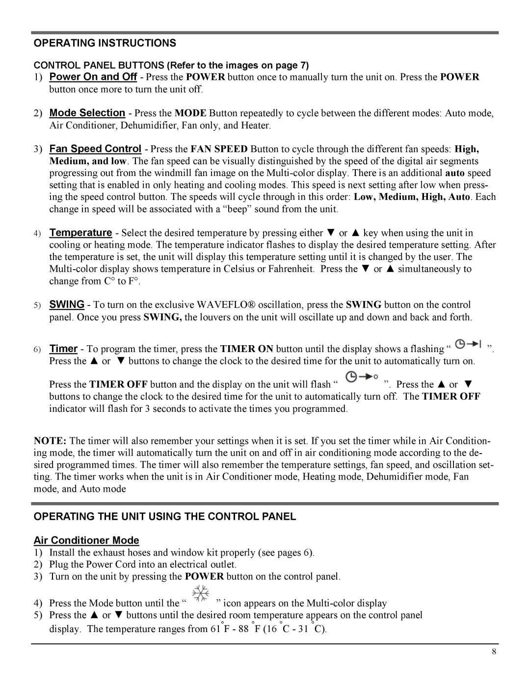 NewAir LX-100 manual Operating Instructions, Operating the Unit Using the Control Panel 