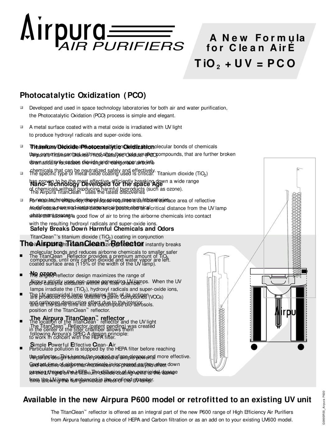 NewAir P600 manual Photocatalytic Oxidization PCO, Airpura TitanClean Reflector 