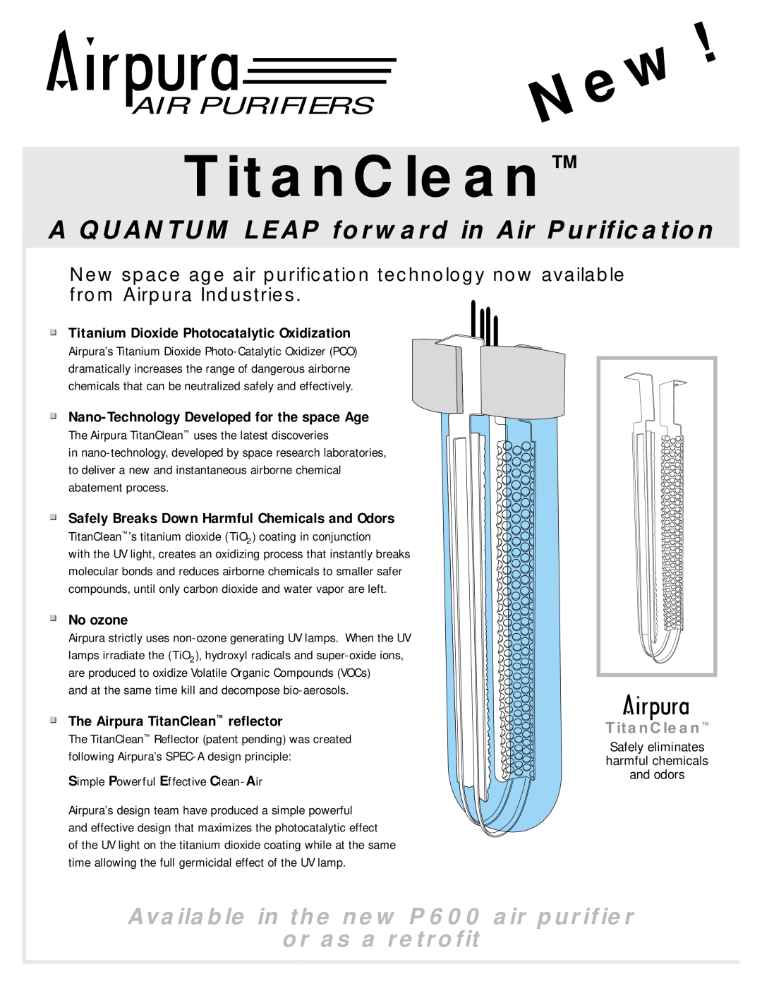NewAir P600 manual Air Purifiers, TitanClean, A QUANTUM LEAP forward in Air Purification, or as a retrofit, No ozone 