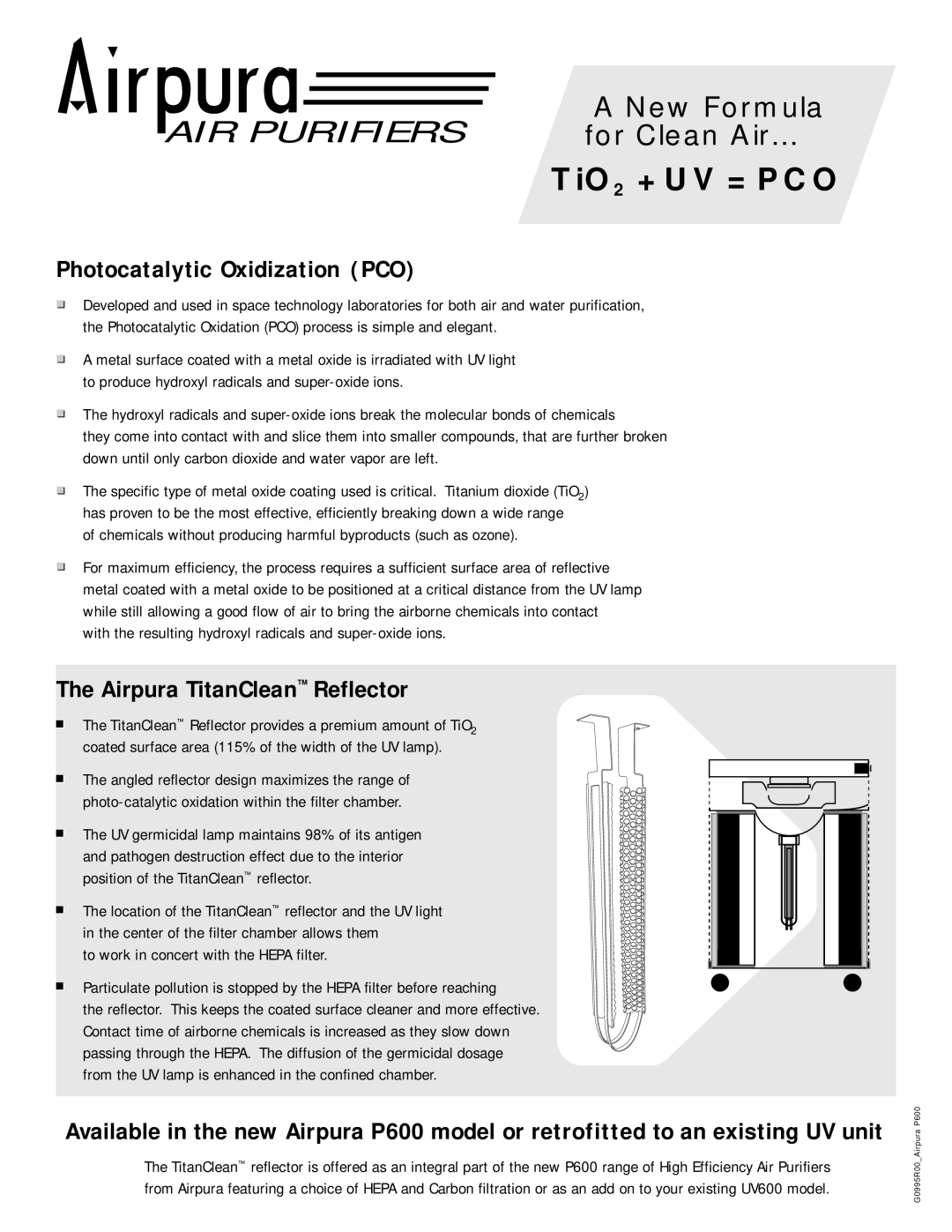 NewAir P600 manual Air Purifiers, TiO2 + UV = PCO, A New Formula, for Clean Air…, Photocatalytic Oxidization PCO 