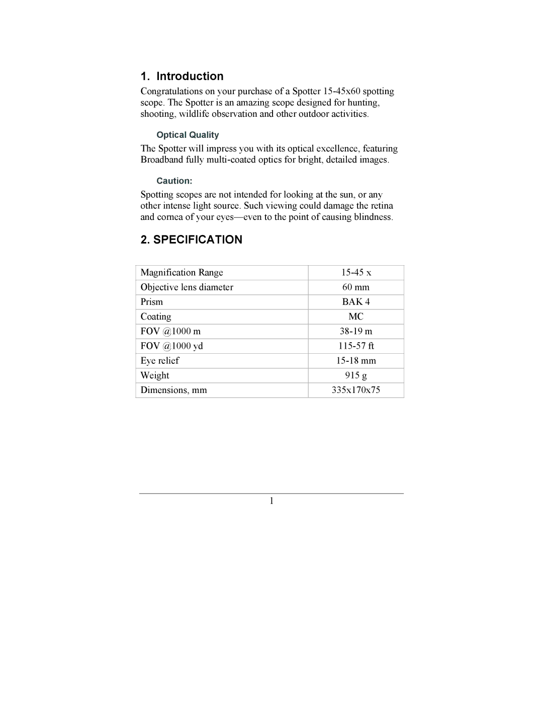 Newcon Optik 15-45X60 operation manual Introduction, Specification 