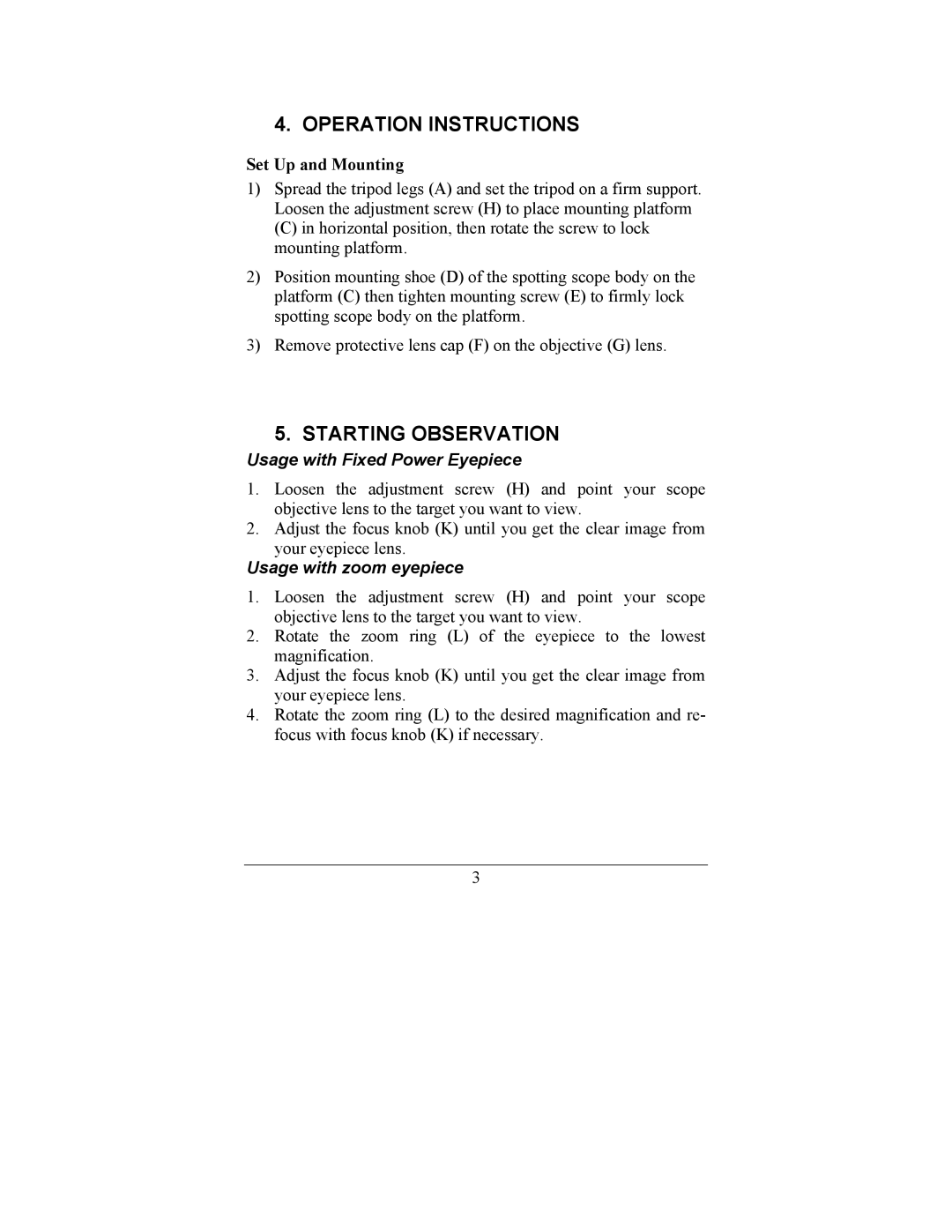 Newcon Optik 15-45X60 operation manual Operation Instructions, Starting Observation, Set Up and Mounting 