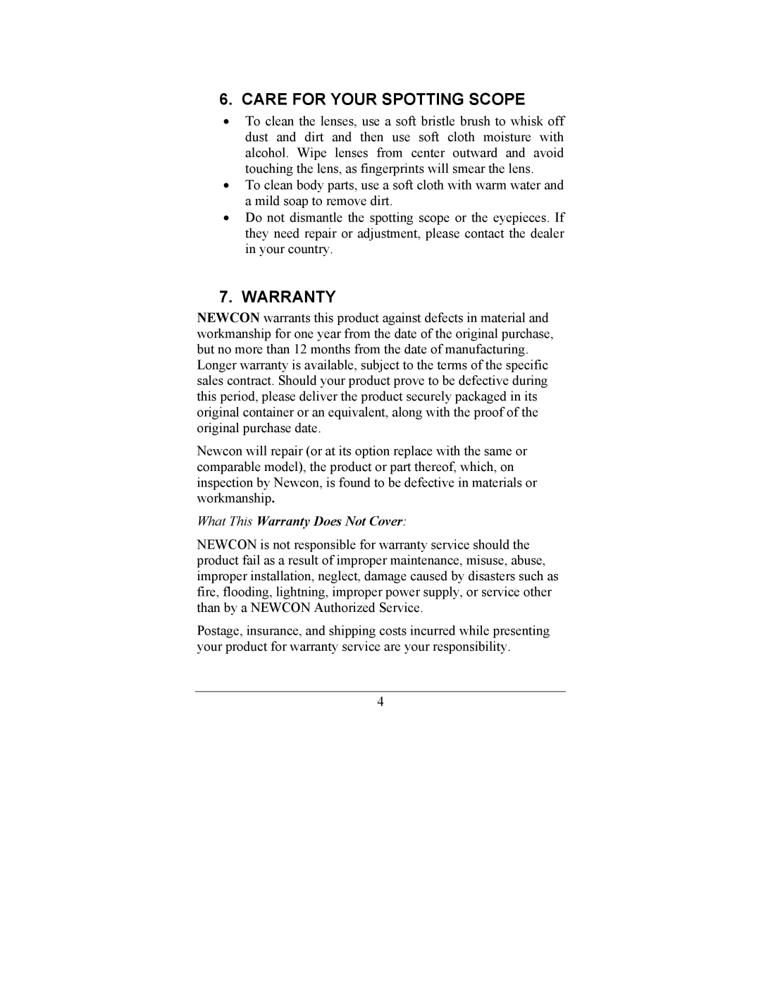 Newcon Optik 15-45X60 operation manual Care for Your Spotting Scope, Warranty 