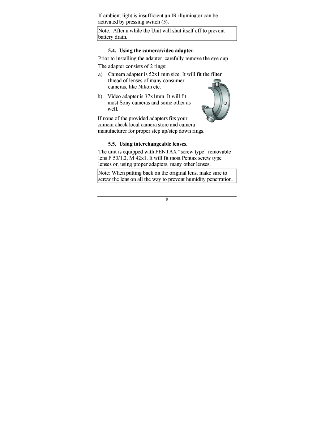 Newcon Optik 150 operation manual Using the camera/video adapter, Using interchangeable lenses 