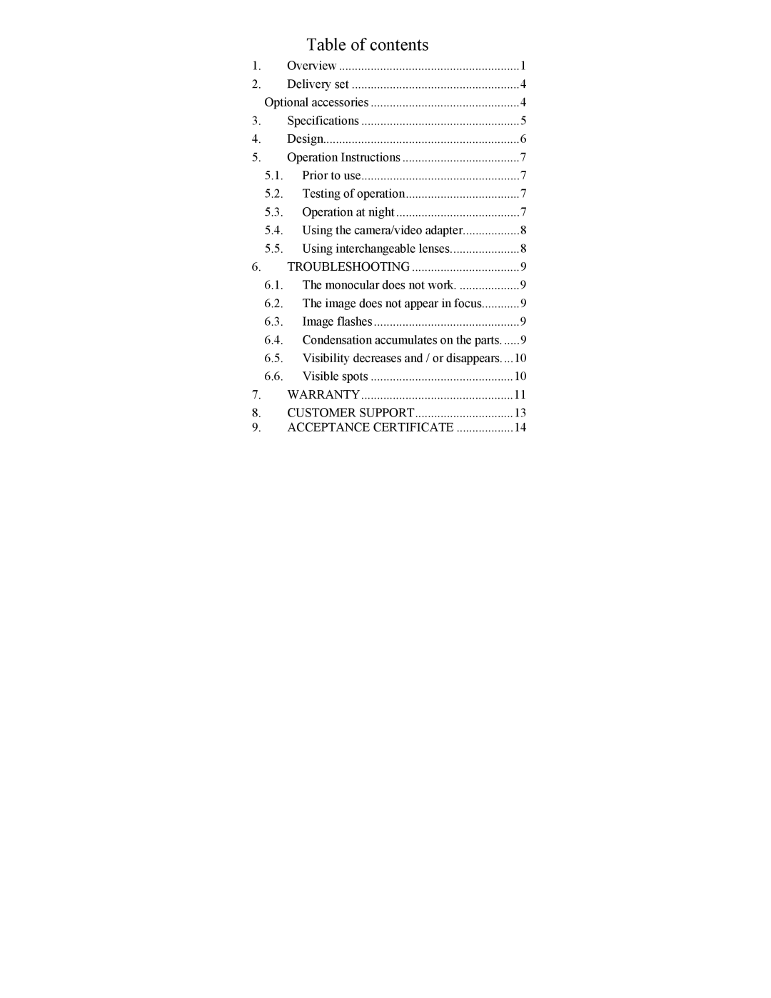 Newcon Optik 150 operation manual Table of contents 