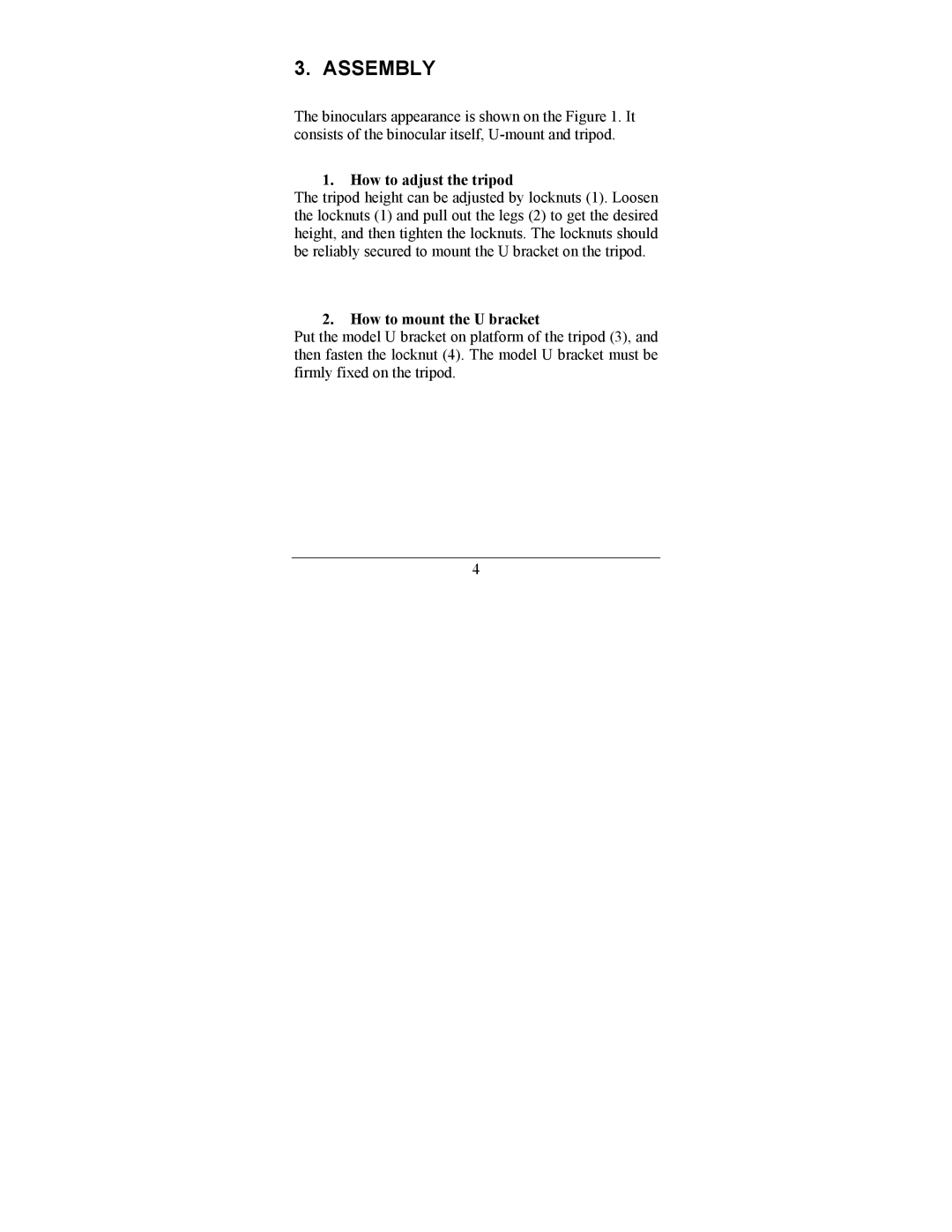 Newcon Optik 20x40x100 manual Assembly, How to adjust the tripod, How to mount the U bracket 